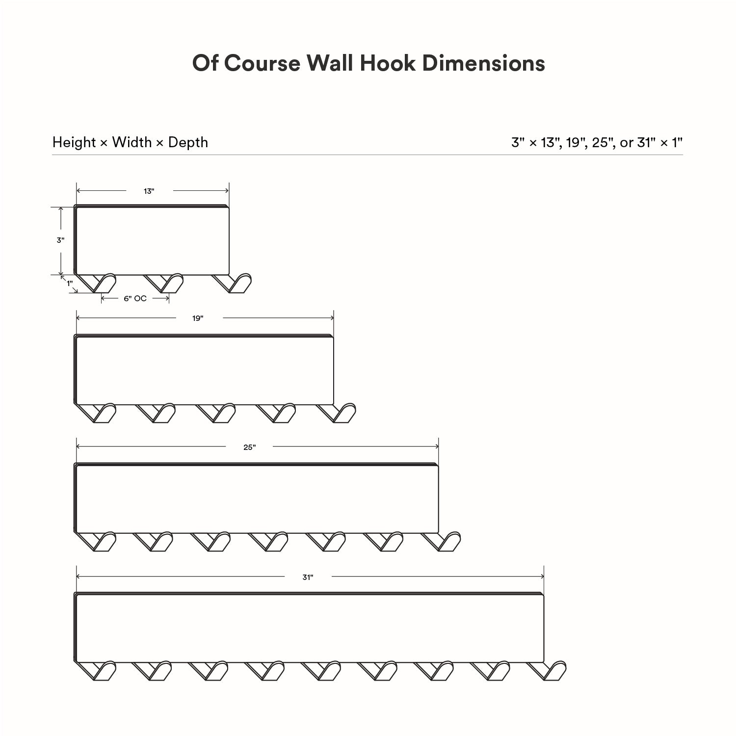 Technical line drawings showing dimensions and configurations of the Of Course Wall Hook in multiple lengths, designed for versatile wall organization and display.