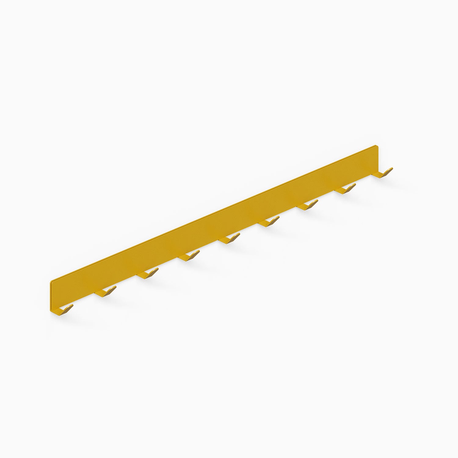 Of Course Wall Hook in honey mustard yellow metal, minimalist design with nine hooks for organizing and maximizing wall space.