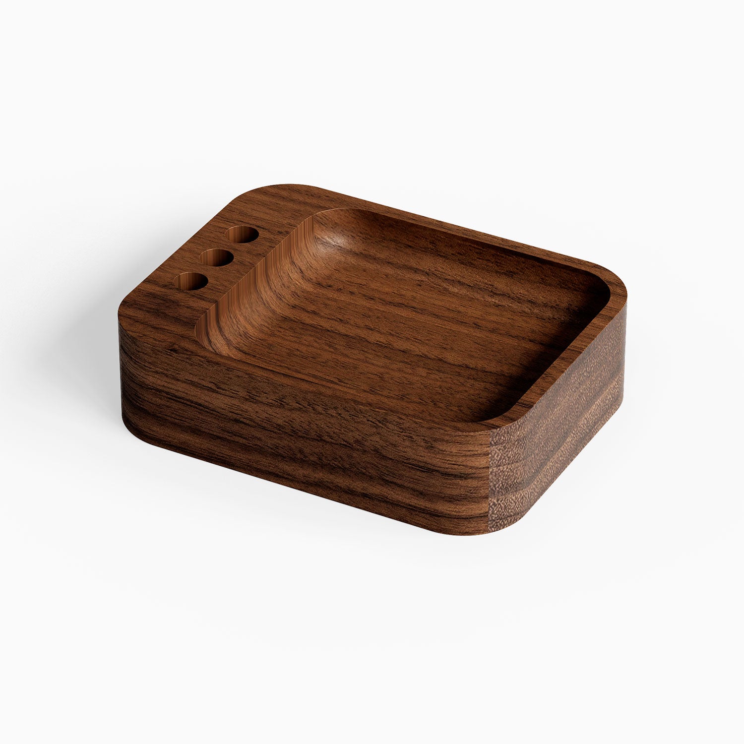 Scranton Office Tray in rich walnut wood with smooth, minimalist design and integrated slots for organizing small office items.