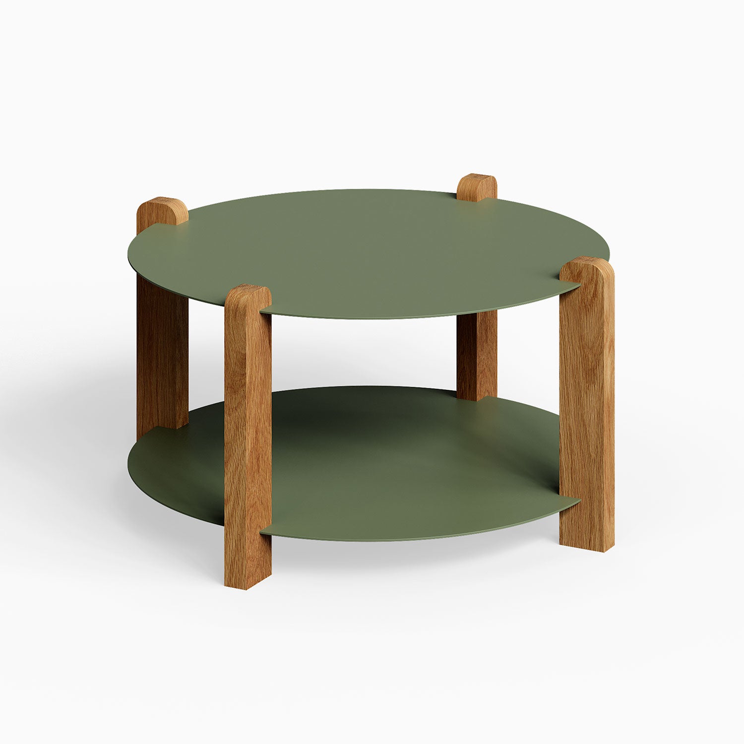 Otis Round Coffee Table with green mixed-material round shelves supported by solid hardwood legs, minimalist design perfect for modern living spaces.