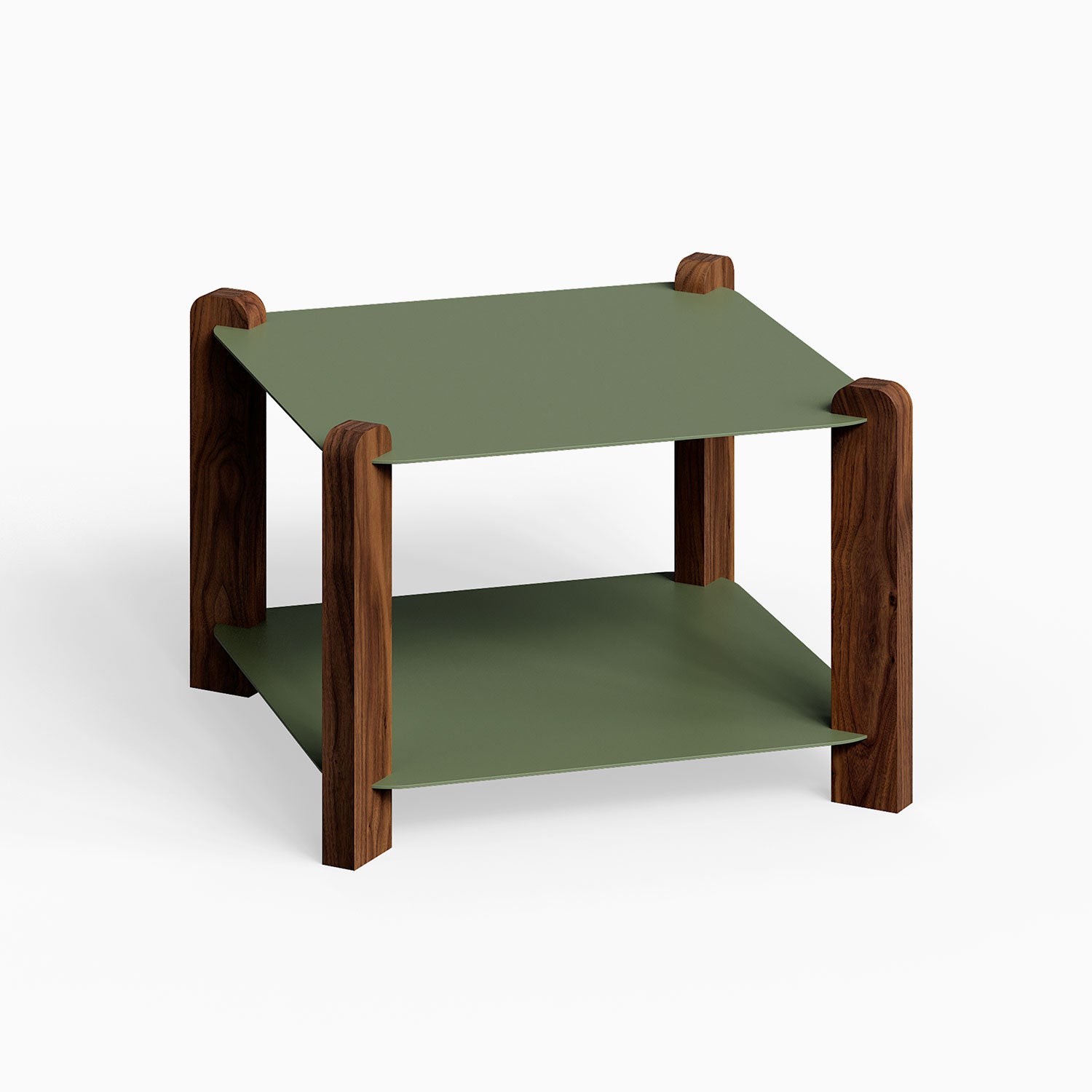 Hugo Square Coffee Table with solid hardwood walnut legs and olive green mixed-material shelves, minimalist design for functional living spaces.