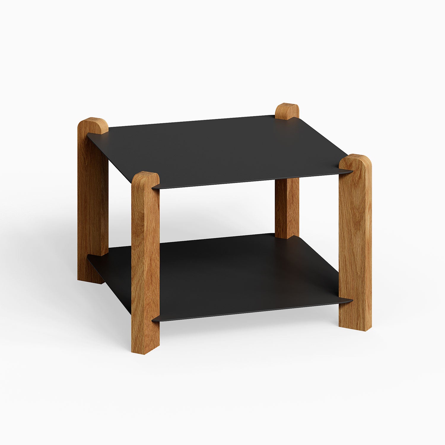 Hugo Square Coffee Table with black metal shelves and solid hardwood legs, combining minimalist design and durable American-made quality.