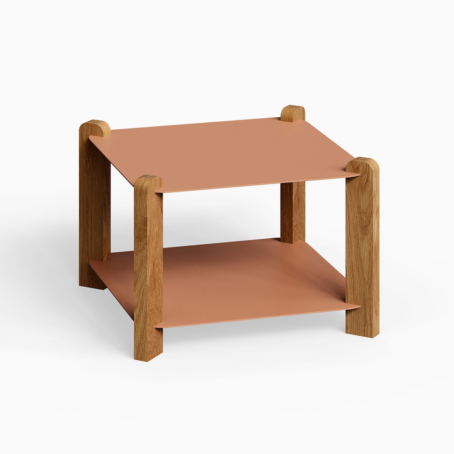 Hugo Square Coffee Table featuring a minimalist design with solid hardwood legs and clay-colored display ledges, blending function and style.