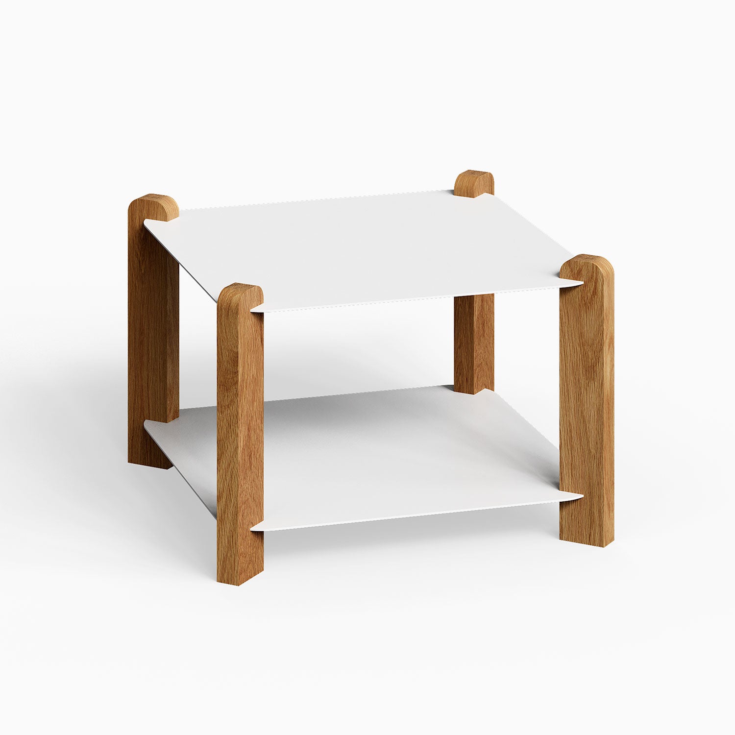 Hugo Square Coffee Table with white metal shelves and solid hardwood legs, showcasing minimalist design for functional living spaces.