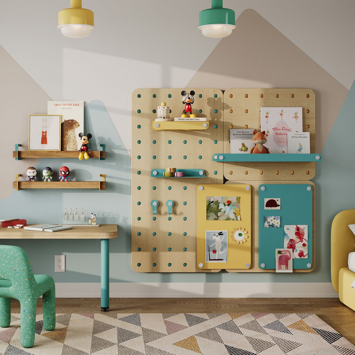 Modern kids’ room featuring the Morgan Room to Grow Pegboard Set with pegboard shelves, hooks, and display ledges in soft wood and colorful accents