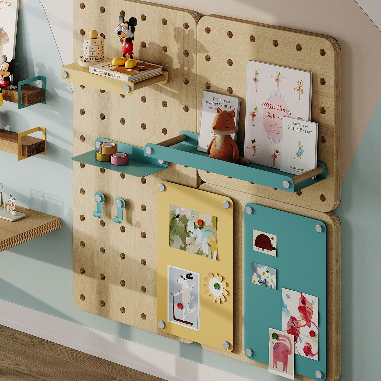Morgan Put it There Pegboard Set mounted on a wall with wooden panels, teal and yellow shelves, hooks, and pins holding books, toys, and decorative items in a minimalist room setup