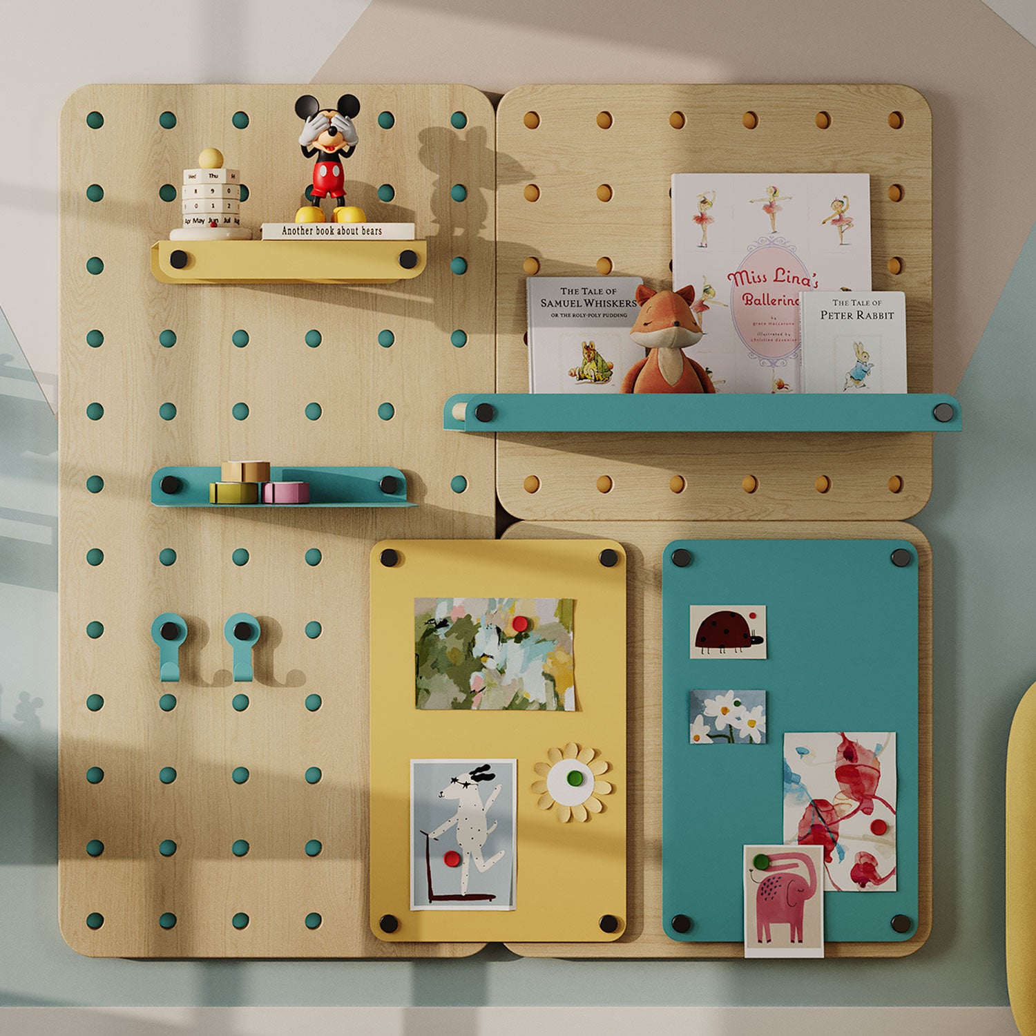 Morgan Magnetic Pegboard with mixed wood and steel materials, featuring colorful shelves, hooks, and panels for organizing books, toys, and art in a minimalist kids room.