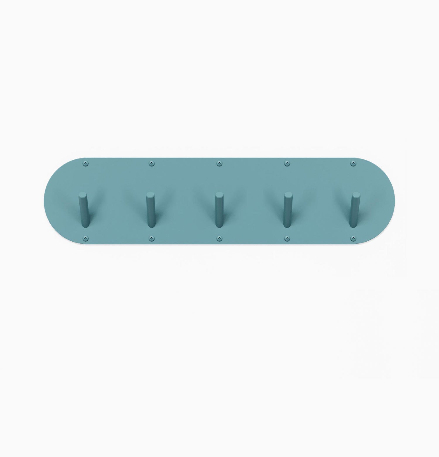 Front view of Peggy wall hook rack with five solid steel hooks in steel blue powder-coated finish