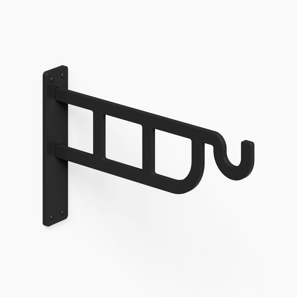 Petal Outdoor Planter Hook in black metal with a secure wall mounting plate and curved support for hanging outdoor planters