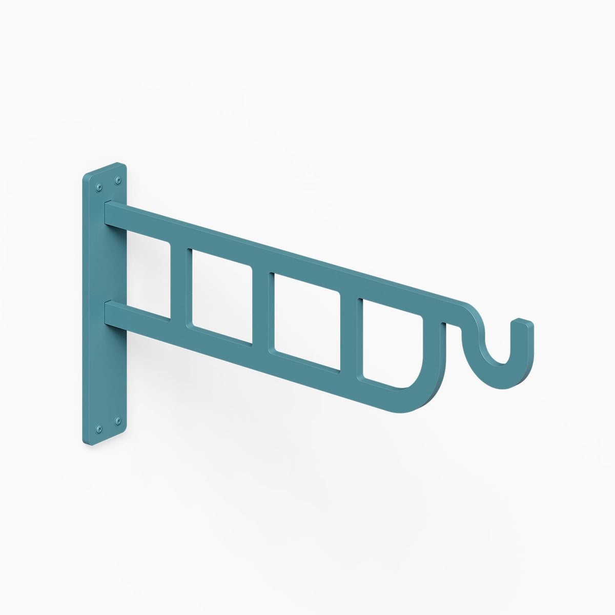 Petal Outdoor Planter Hook in teal metal with wall mounting plate and curved hook for hanging an outdoor planter