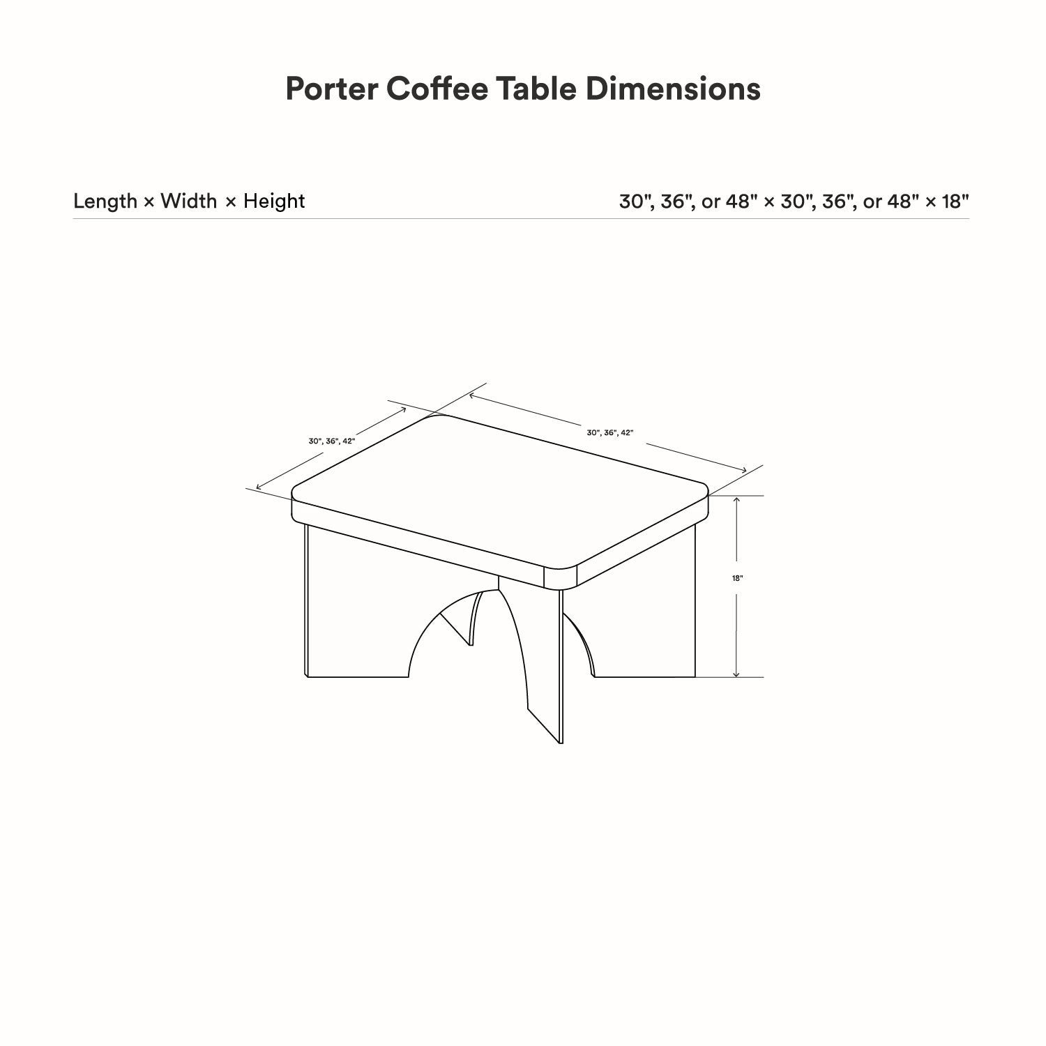Diagram showing dimensions for the Porter Coffee Table with length and width options of 30, 36, or 48 inches and a height of 18 inches.