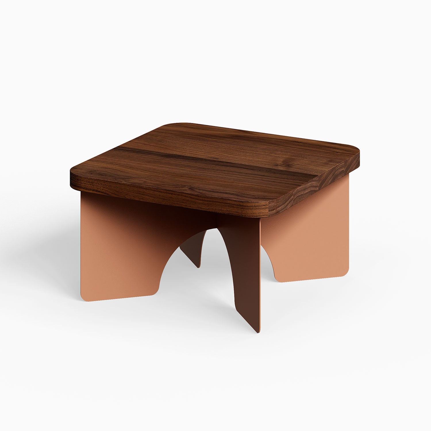 Ledger Coffee Table with rich walnut top and minimalist clay-colored steel legs, showcasing a functional and modern design by Shelfology.