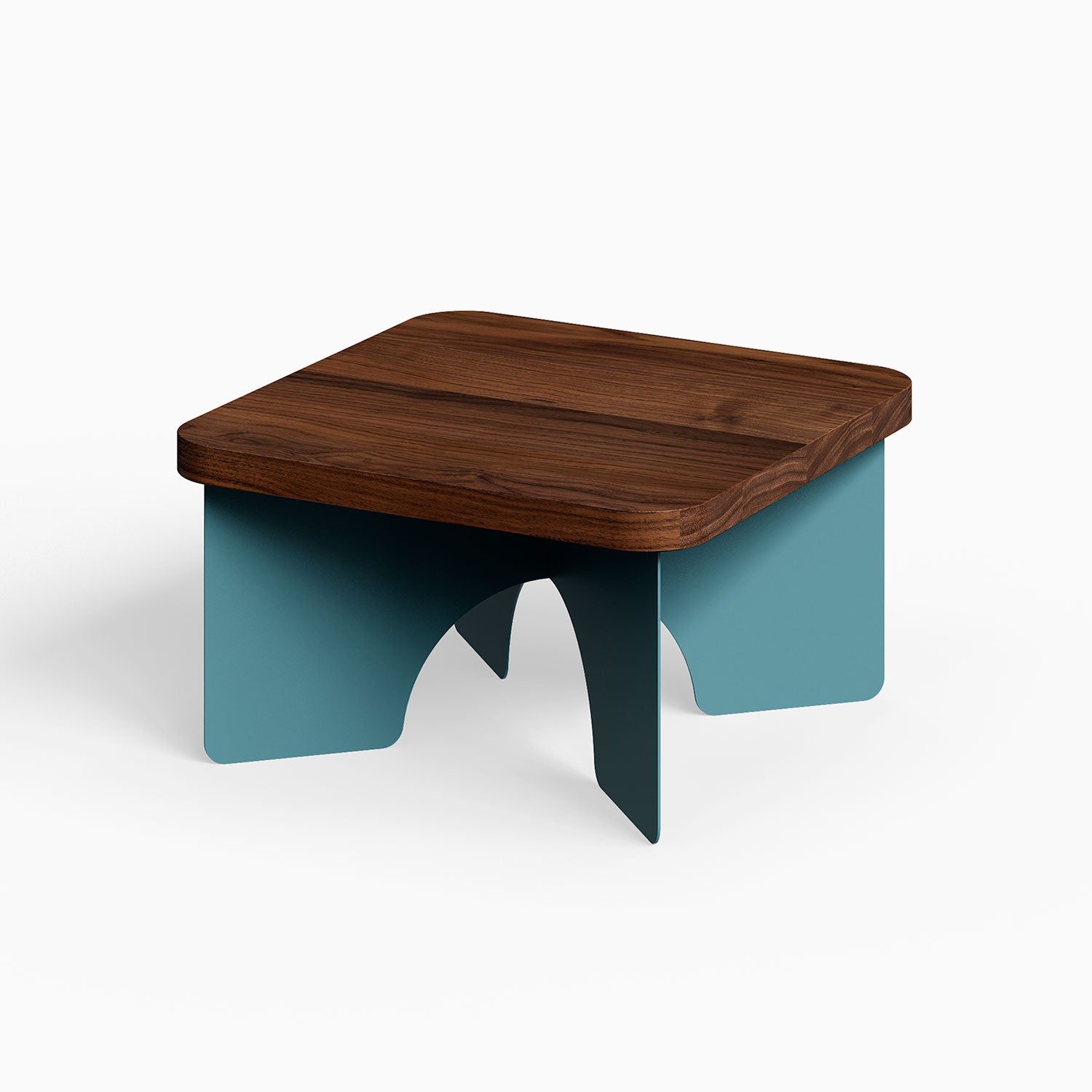 Ledger Coffee Table with a solid hardwood walnut top and minimalist blue steel base, designed for functional and stylish living spaces.