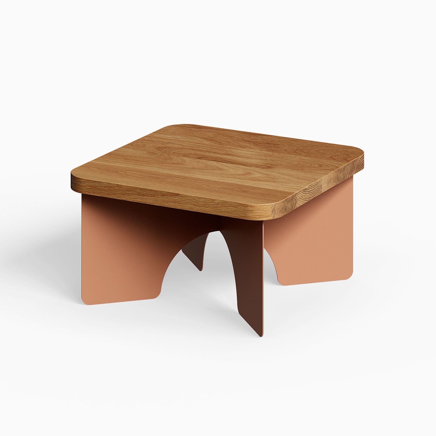 Ledger Coffee Table with a solid hardwood top and minimalist rust-colored steel legs, blending mixed materials for functional modern decor.