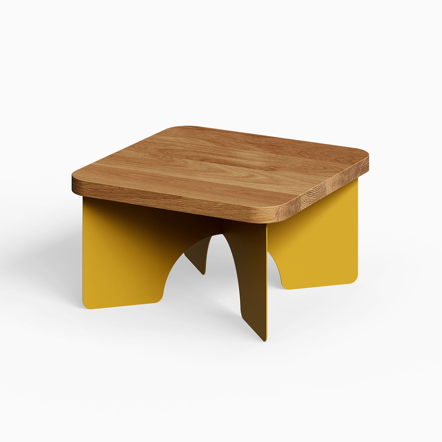 Ledger Coffee Table featuring a solid hardwood top with honey mustard-colored steel legs, minimalist design for functional living spaces.