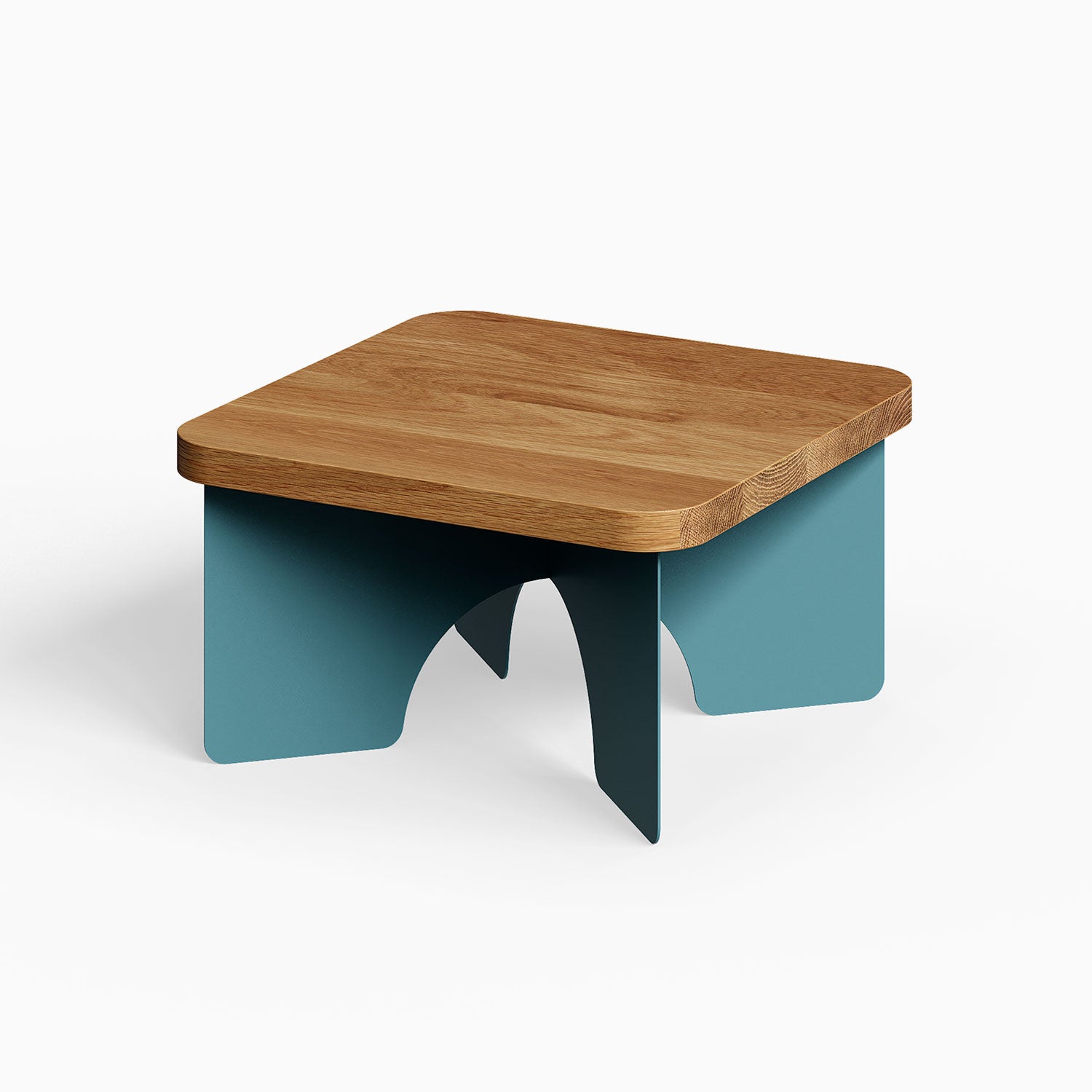 Ledger Coffee Table with a solid hardwood top and blue steel base, minimalist design perfect for modern functional living spaces.