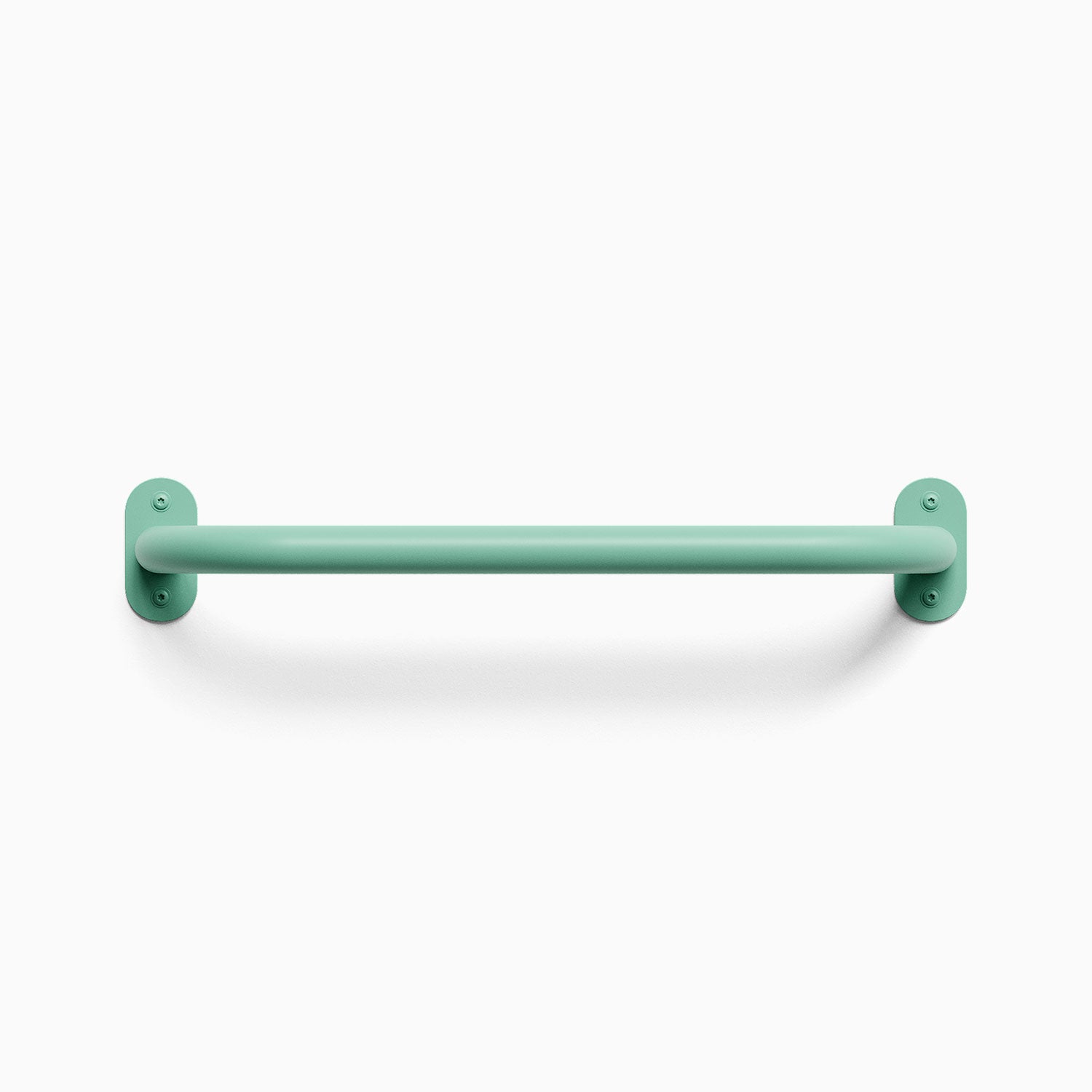 Front view of a aquasocks colored Randle monkey bar handle. Fasteners are visible, mounted against a white wall background.