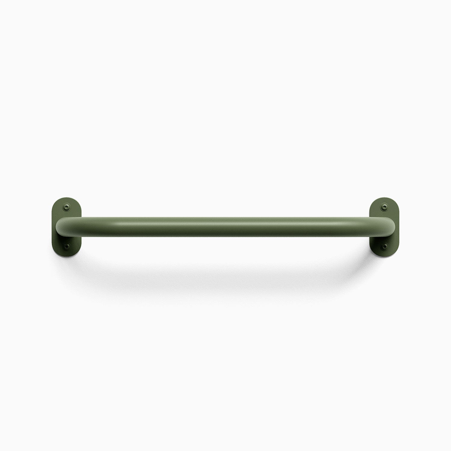 Front view of a armybrat colored Randle monkey bar handle. Fasteners are visible, mounted against a white wall background.