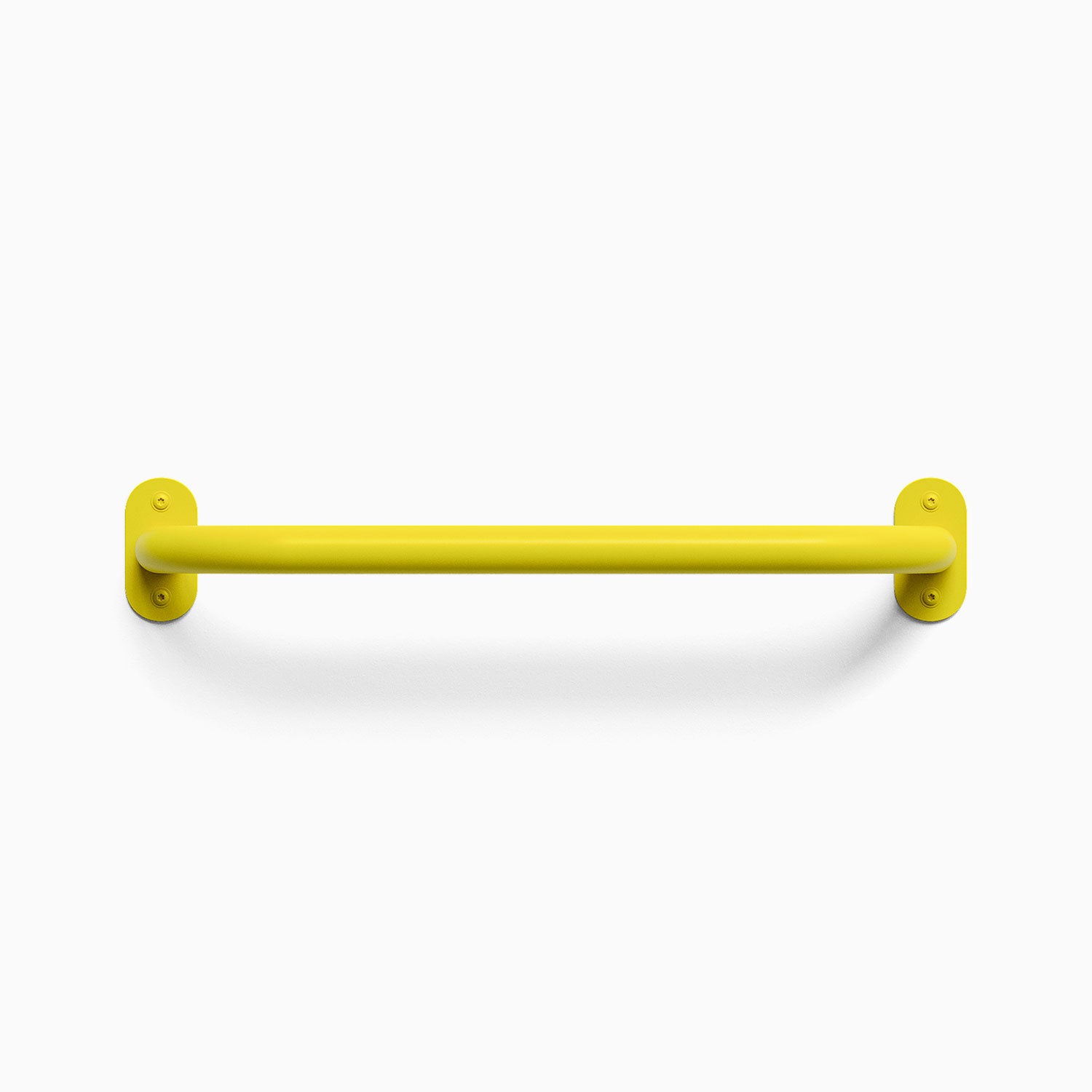 Front view of a bananarama colored Randle monkey bar handle. Fasteners are visible, mounted against a white wall background.