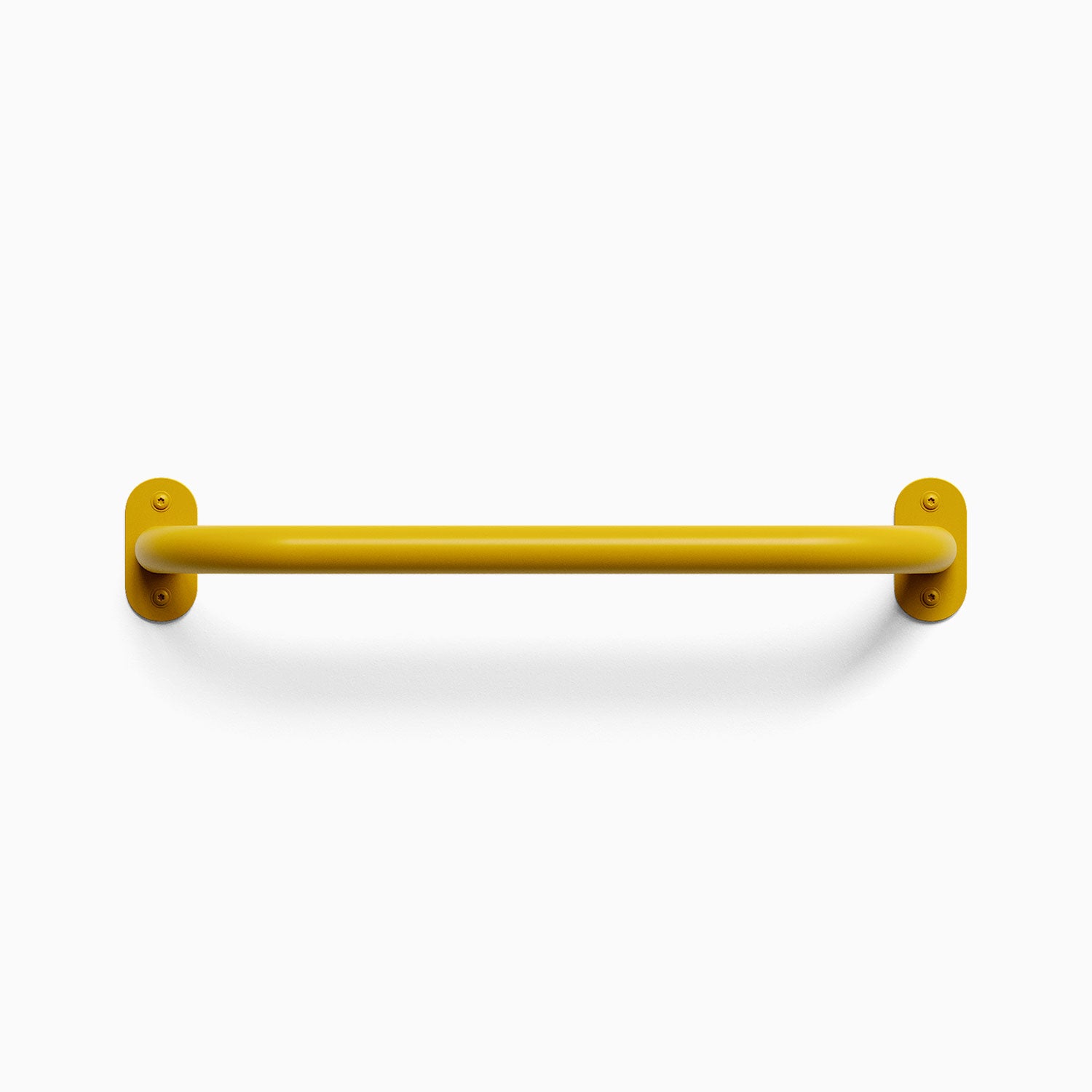 Front view of a honeymustard colored Randle monkey bar handle. Fasteners are visible, mounted against a white wall background.