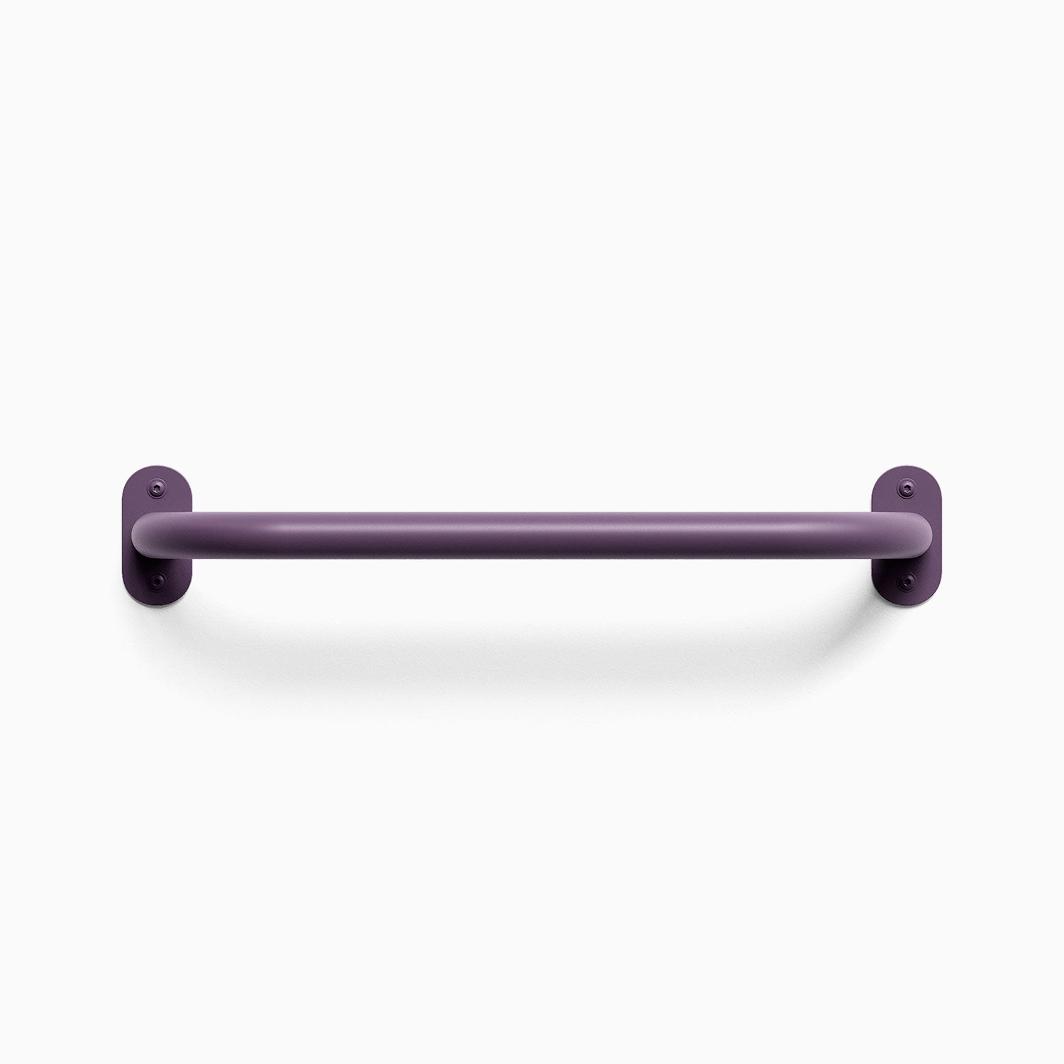Front view of a nurple colored Randle monkey bar handle. Fasteners are visible, mounted against a white wall background.