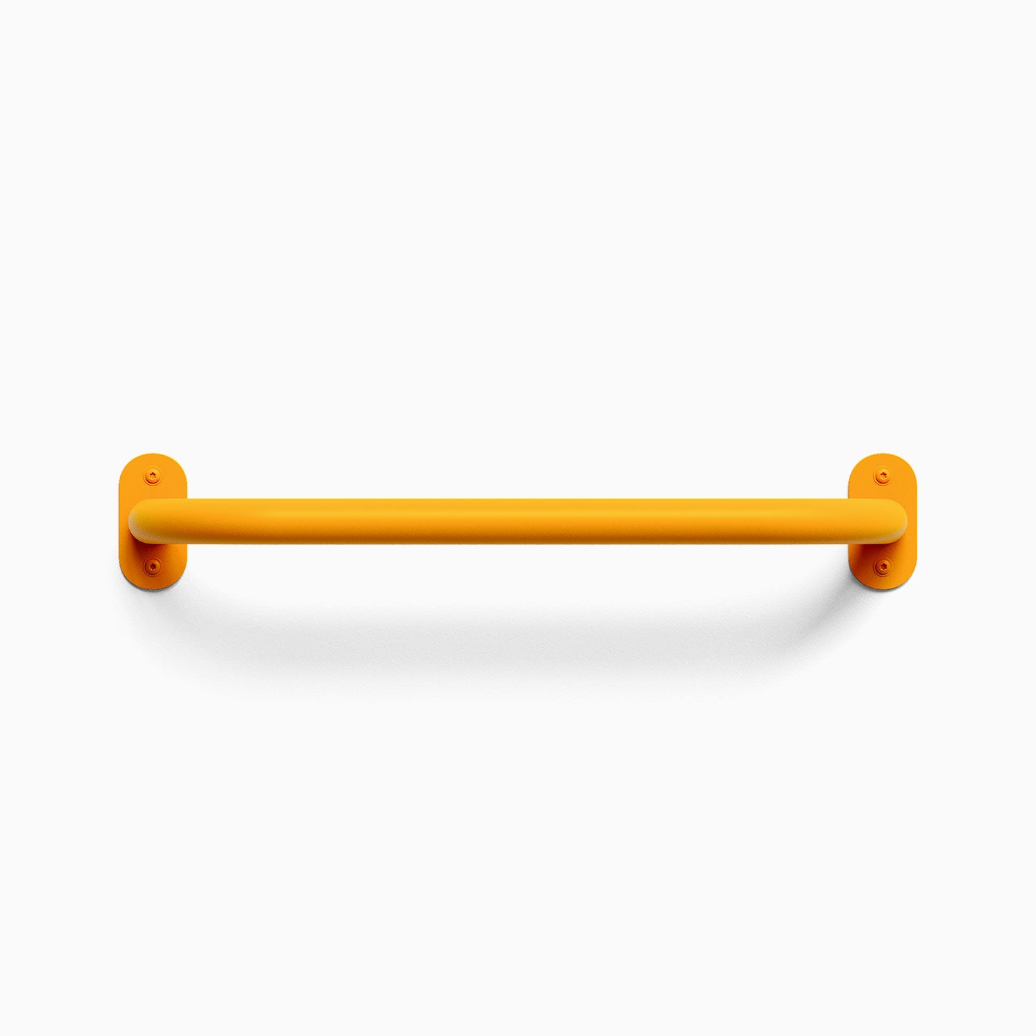 Front view of a orangecrush colored Randle monkey bar handle. Fasteners are visible, mounted against a white wall background.