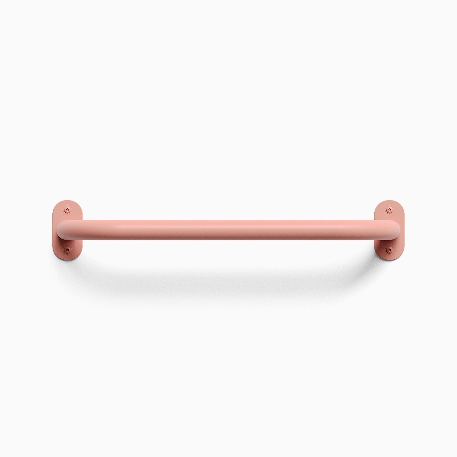 Front view of a pinkflash colored Randle monkey bar handle. Fasteners are visible, mounted against a white wall background.