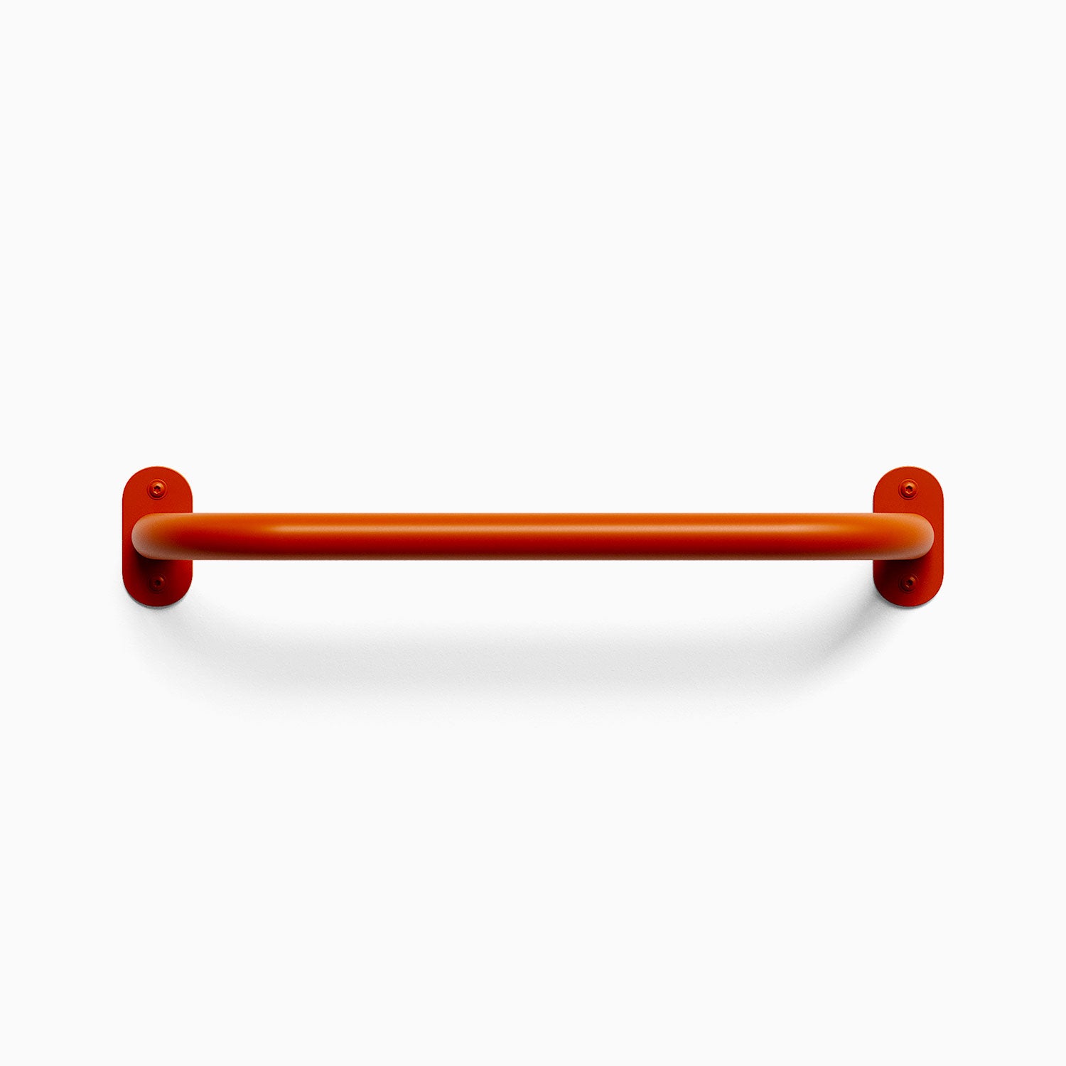 Front view of a punkrockred colored Randle monkey bar handle. Fasteners are visible, mounted against a white wall background.