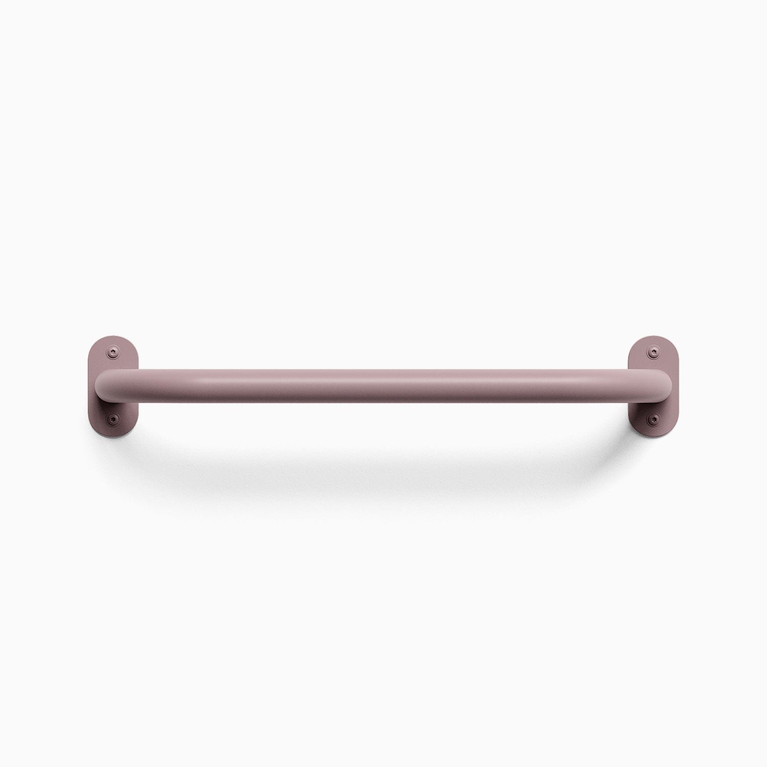 Front view of a purple dusk colored Randle monkey bar handle. Fasteners are visible, mounted against a white wall background.
