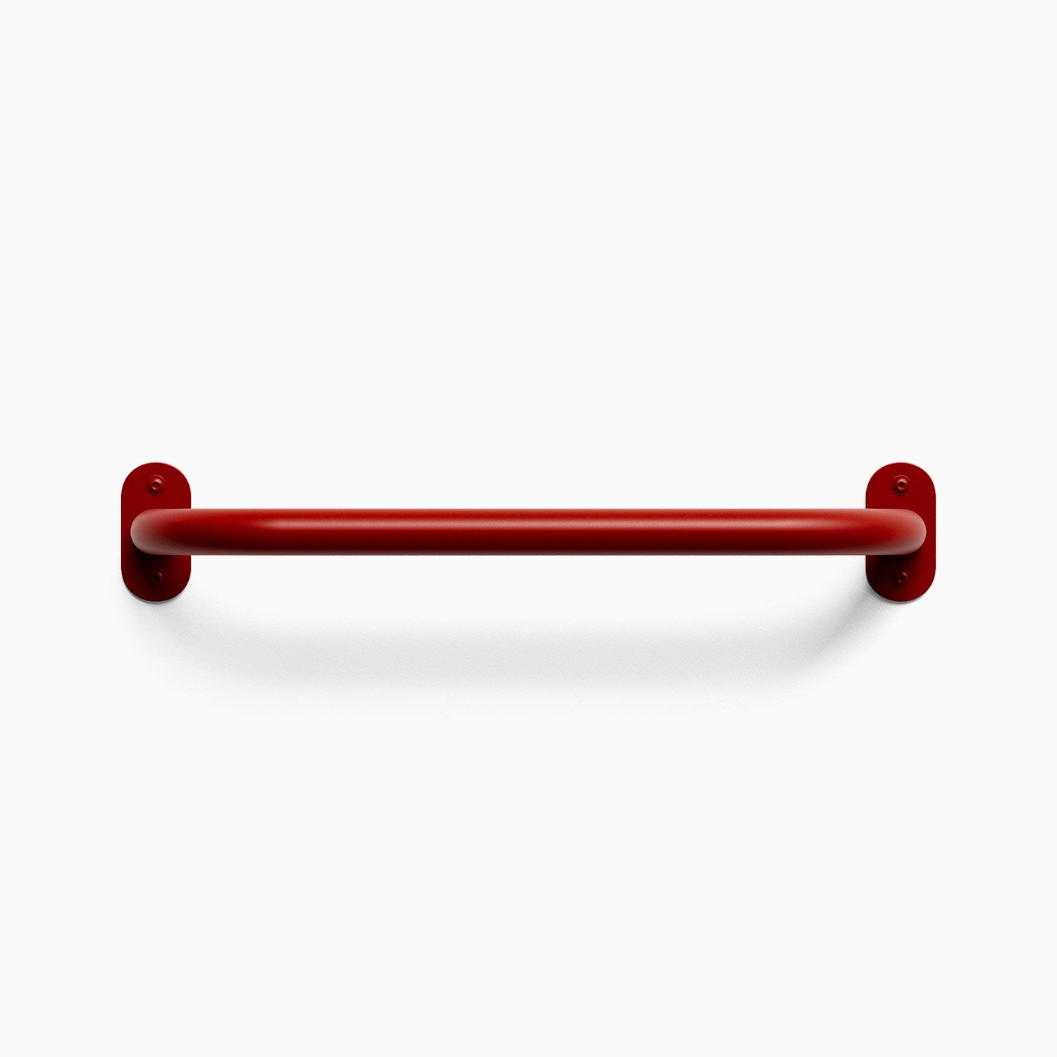 Front view of a reallyred colored Randle monkey bar handle. Fasteners are visible, mounted against a white wall background.