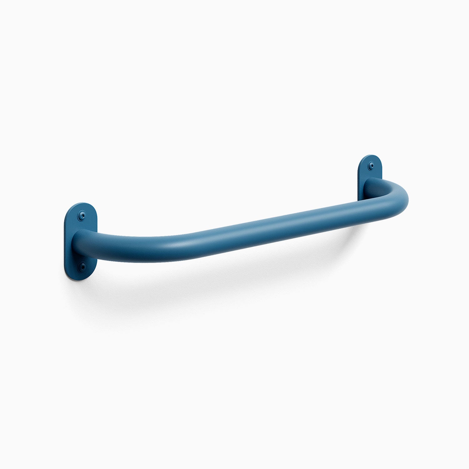 Front slight angle view of a shelfgeekblue colored Randle monkey bar handle. Fasteners are visible, mounted against a white wall background.