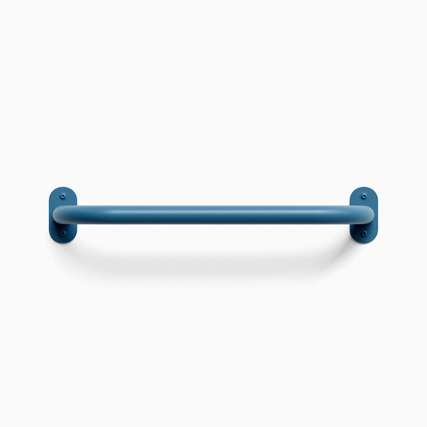 Front view of a shelfgeekblue colored Randle monkey bar handle. Fasteners are visible, mounted against a white wall background.