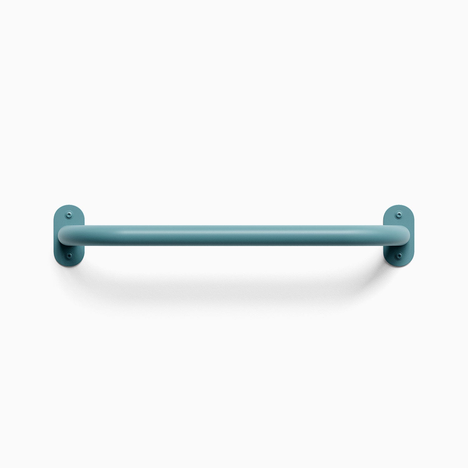 Front view of a steelyblue colored Randle monkey bar handle. Fasteners are visible, mounted against a white wall background.