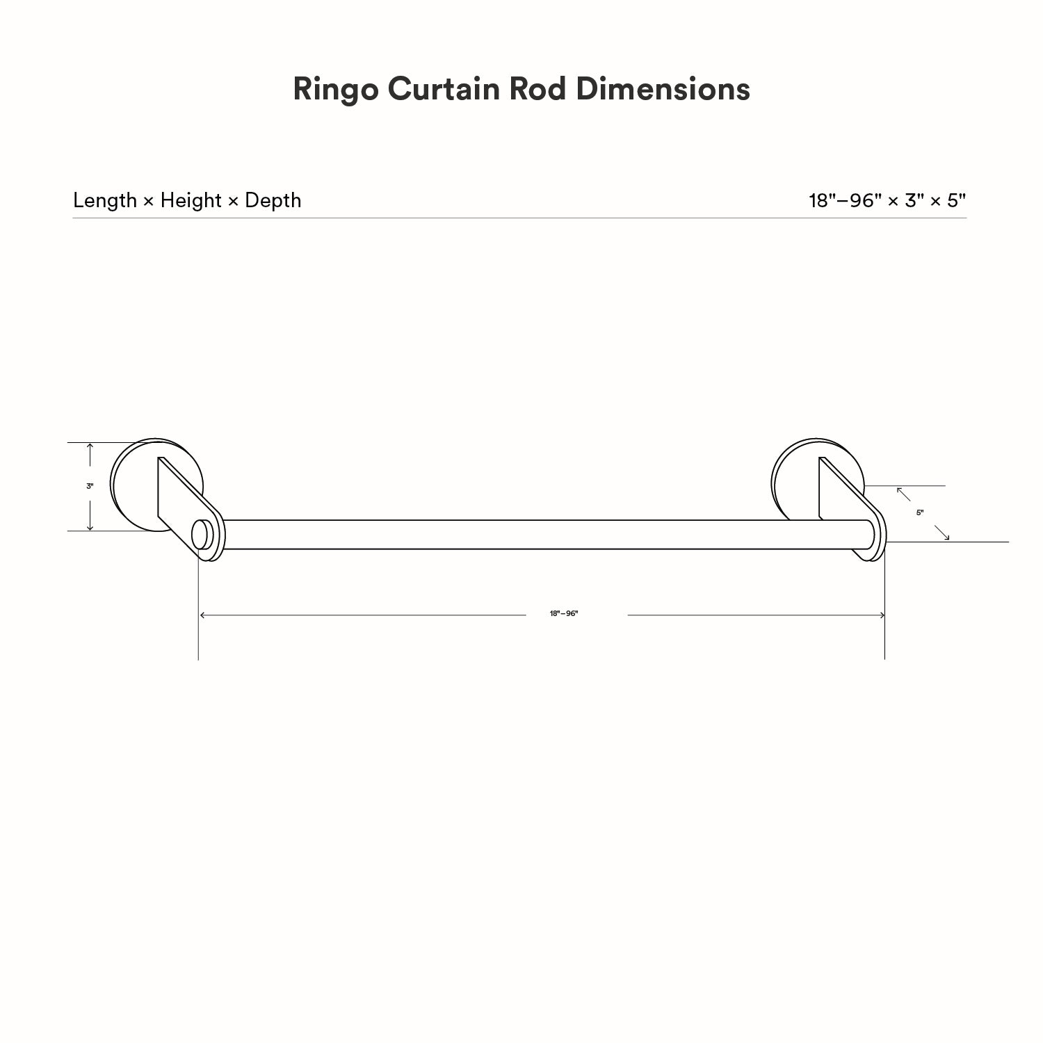 Technical line drawing showing dimensions of the Ringo Curtain Rod Kit with adjustable length from 18 to 96 inches and a simple, minimalist design.