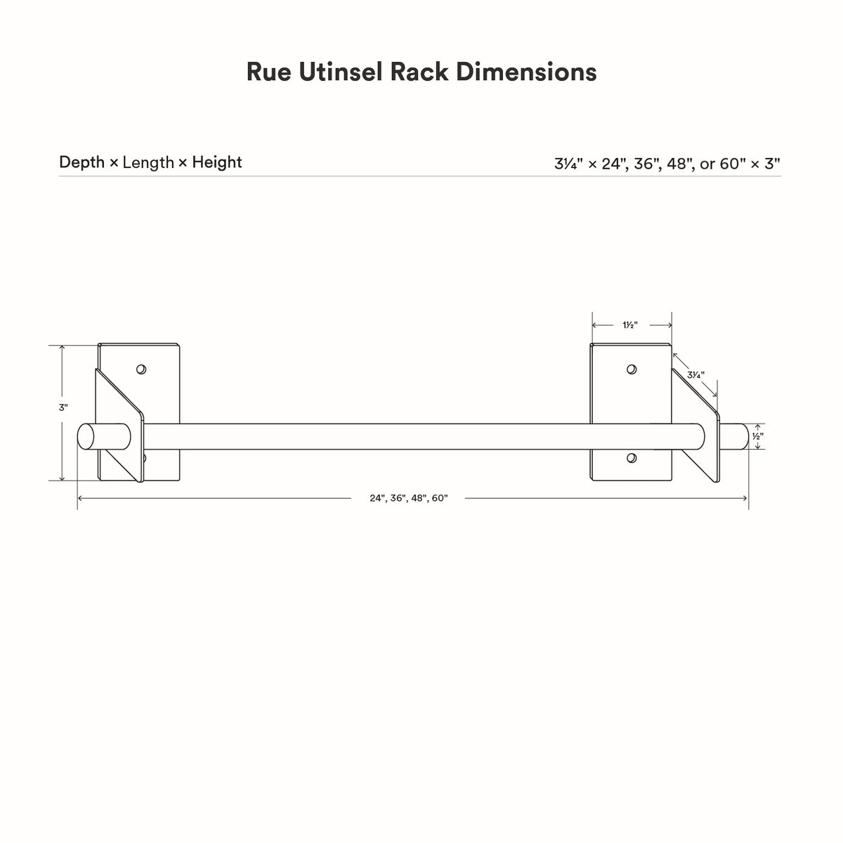 Rue Utensil Rack technical line drawing showing wall mounted rack components and mounting details