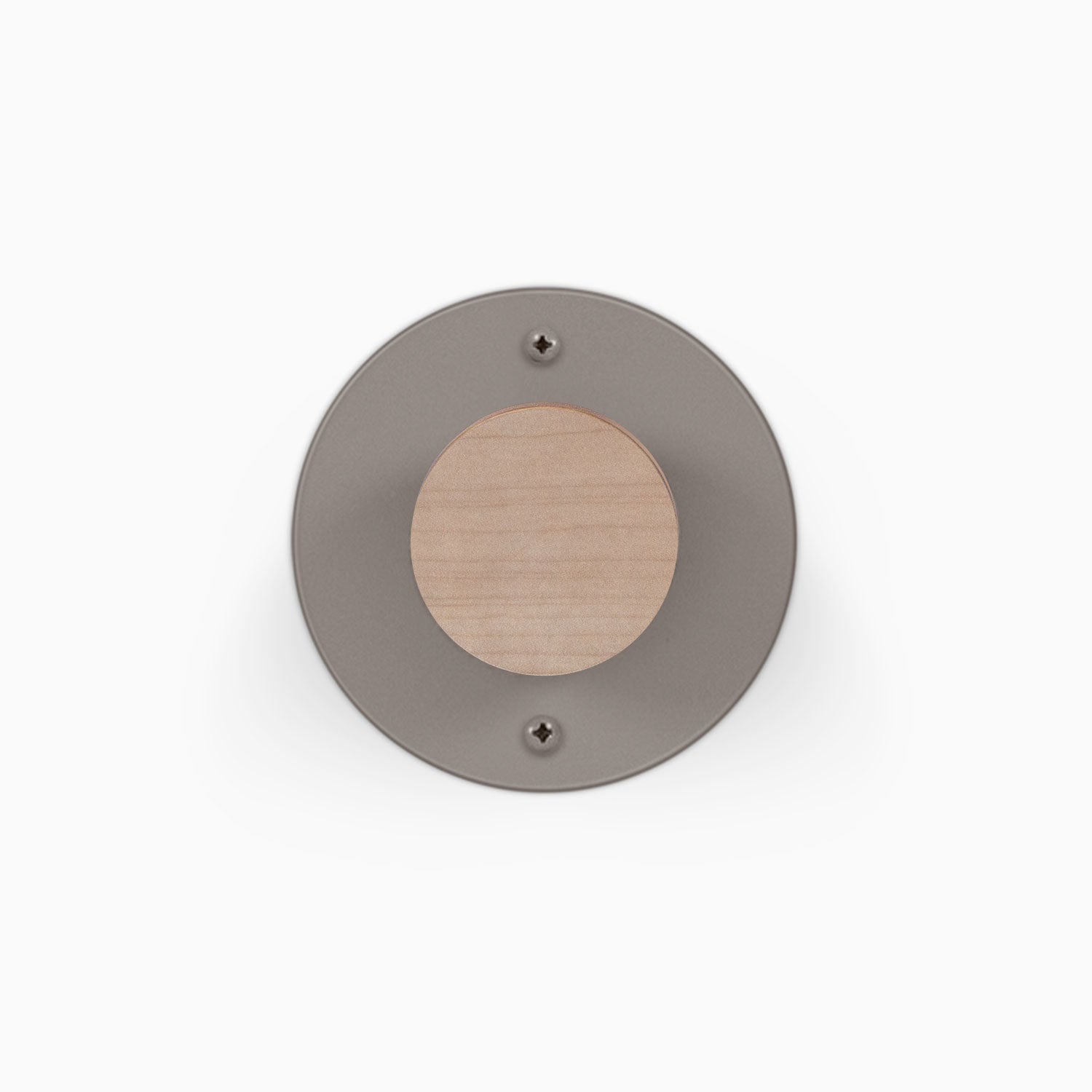Runda Coat Rack 1 round gray metal wall hook with a solid wood center and two visible mounting screws