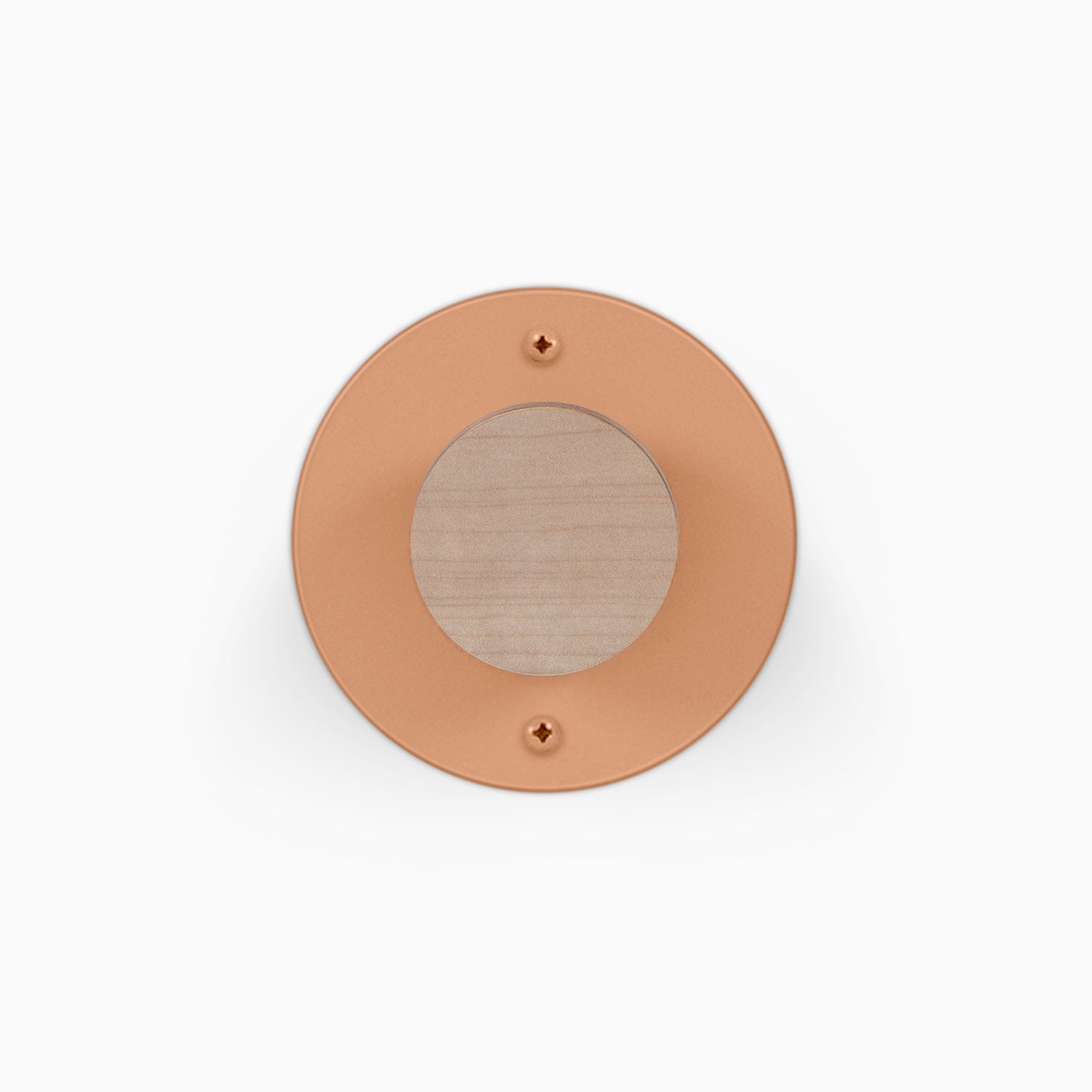 Runda Coat Rack 1 round wall mounted coat hook with a warm copper finish and natural wood center