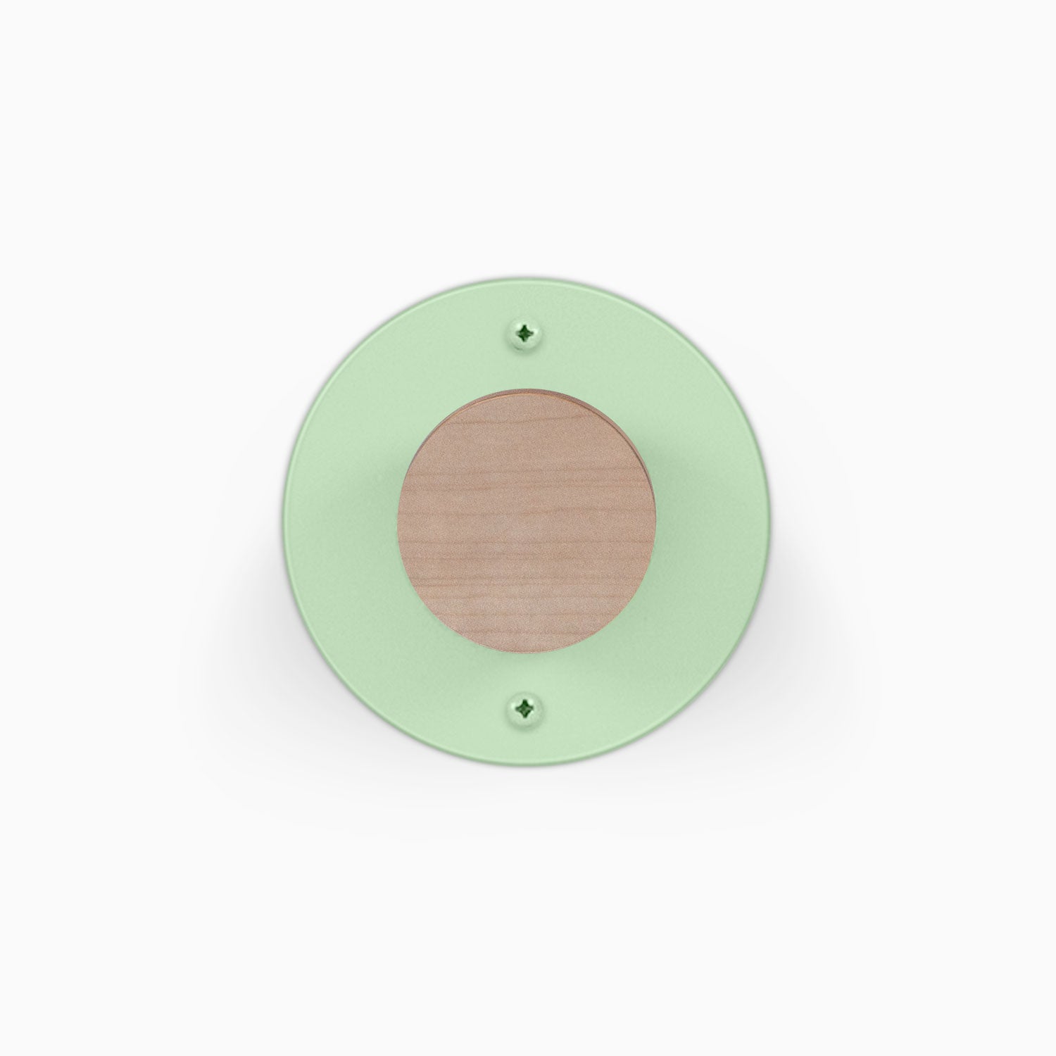 Runda Coat Rack 1 with a round green wall plate wood center and two visible mounting screws for minimalist entryway organization