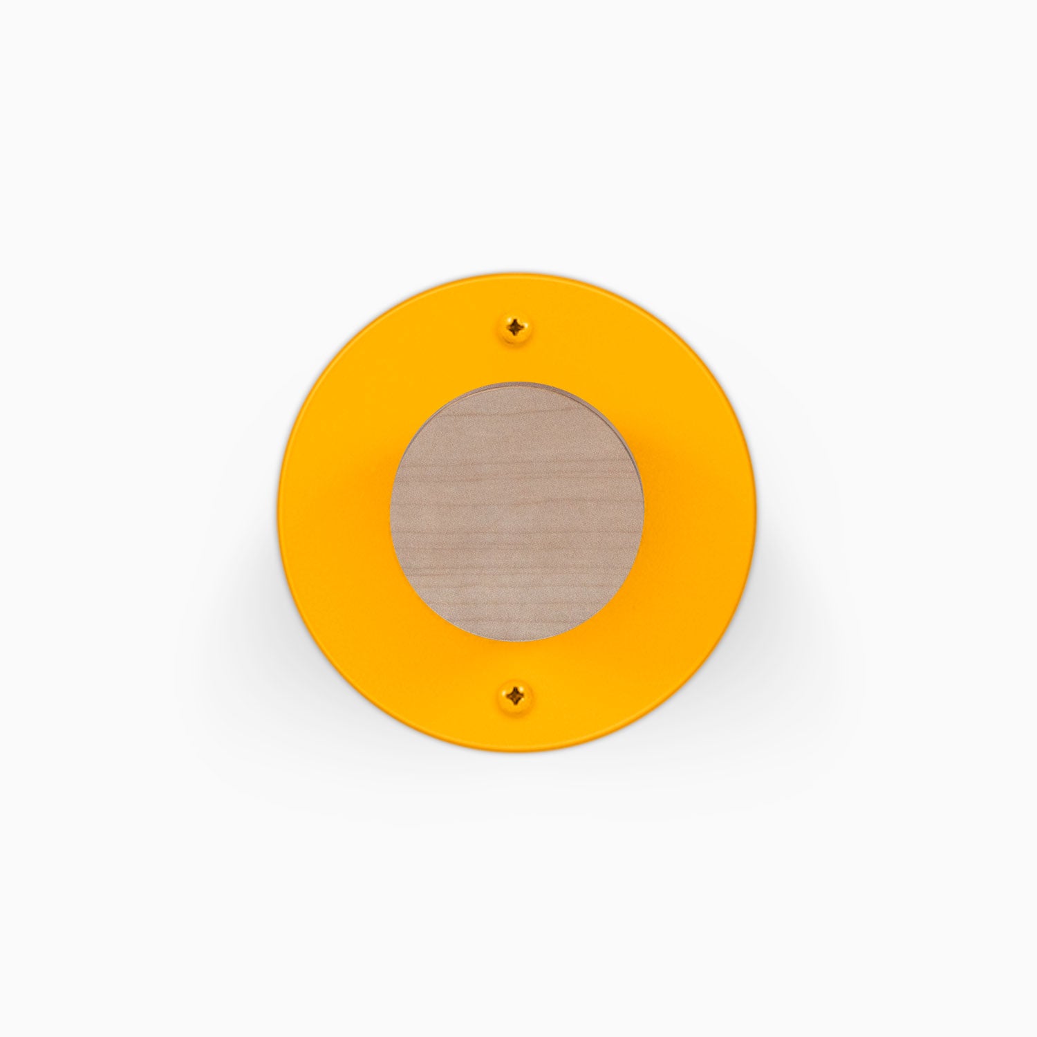 Runda Coat Rack 1 orange circular wall mounted coat rack with a wood center and two visible mounting screws