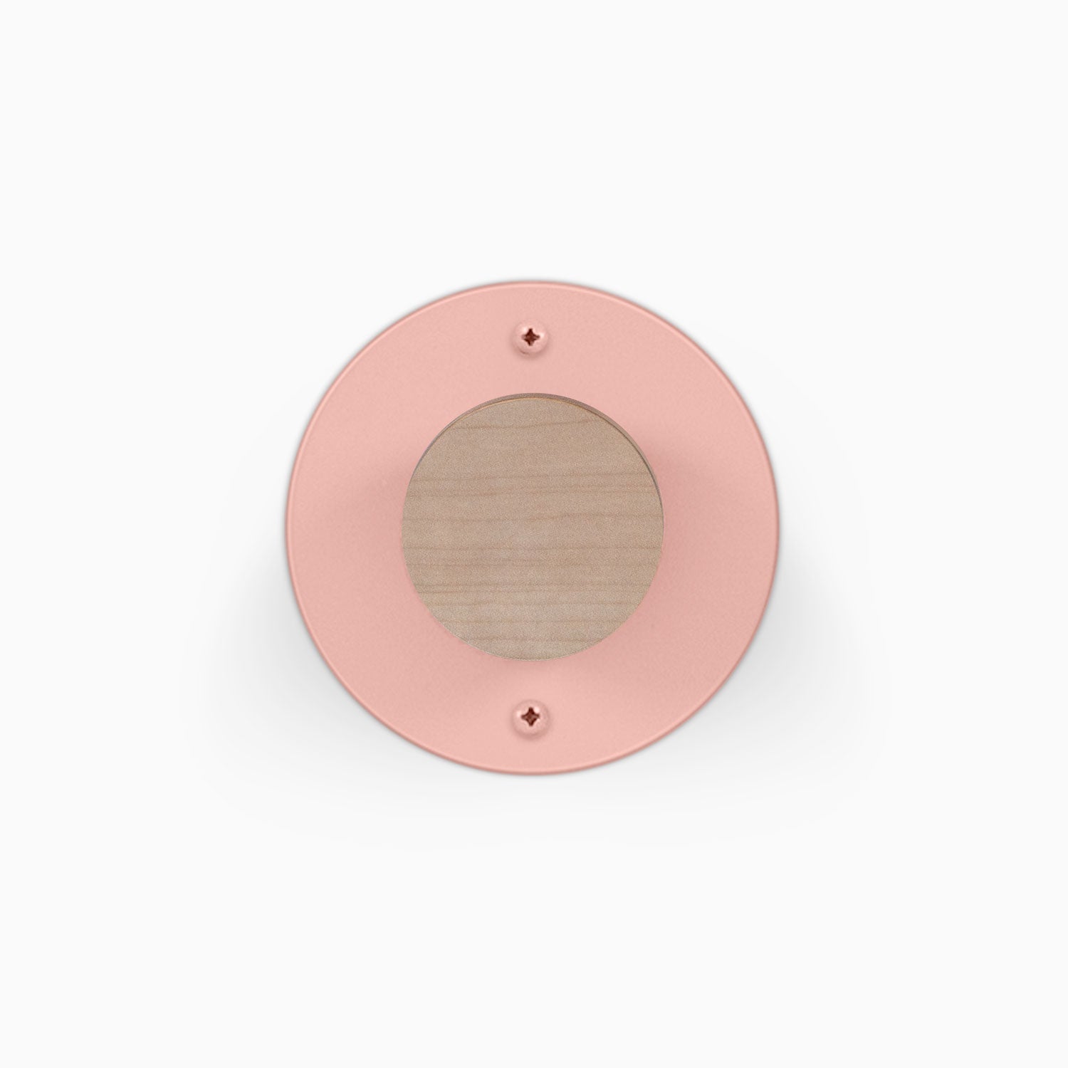 Runda Coat Rack 1 pink circular wall hook with a wood center and two visible mounting screws