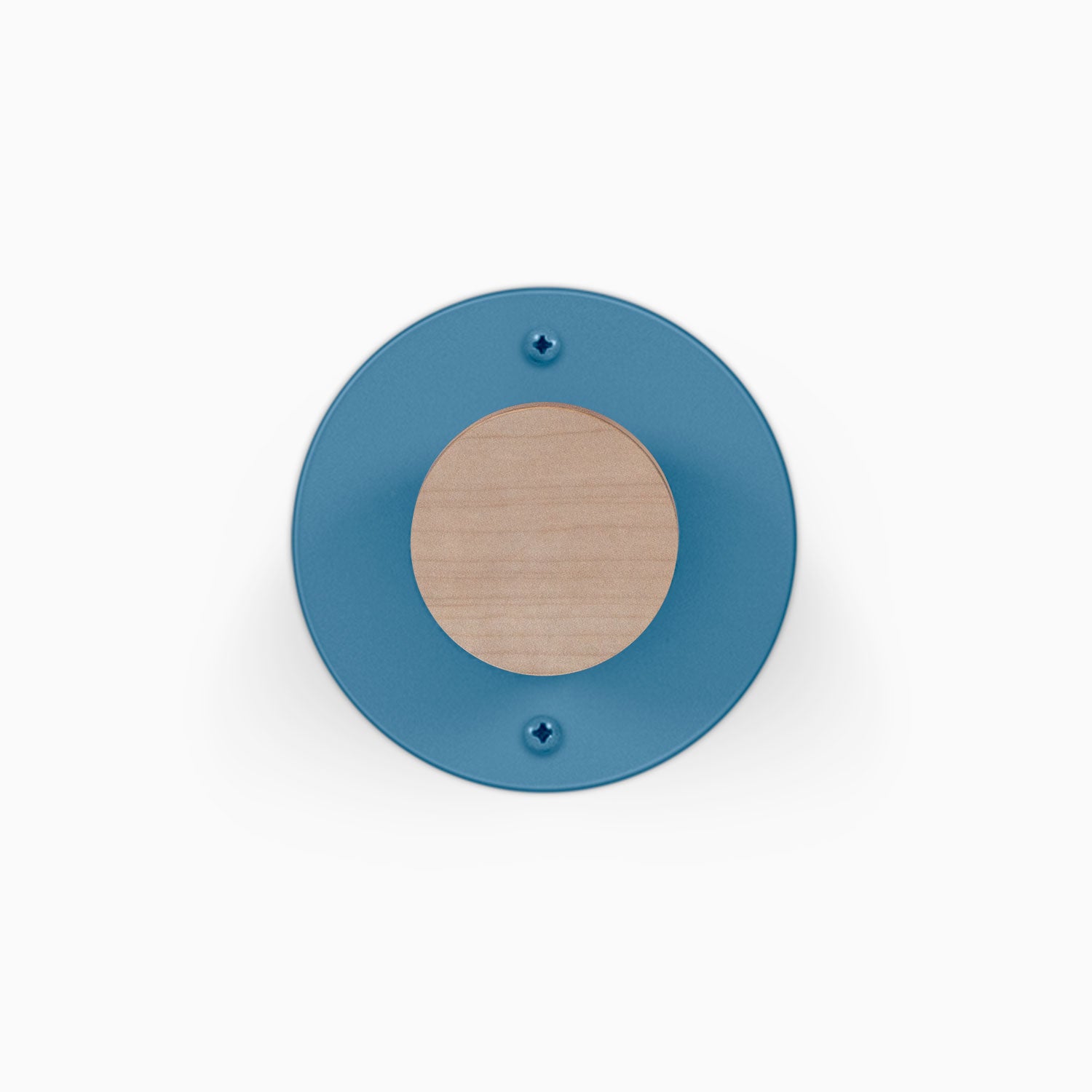 Runda Coat Rack 1 blue circular wall mounted coat rack with a natural wood center and two visible mounting screws