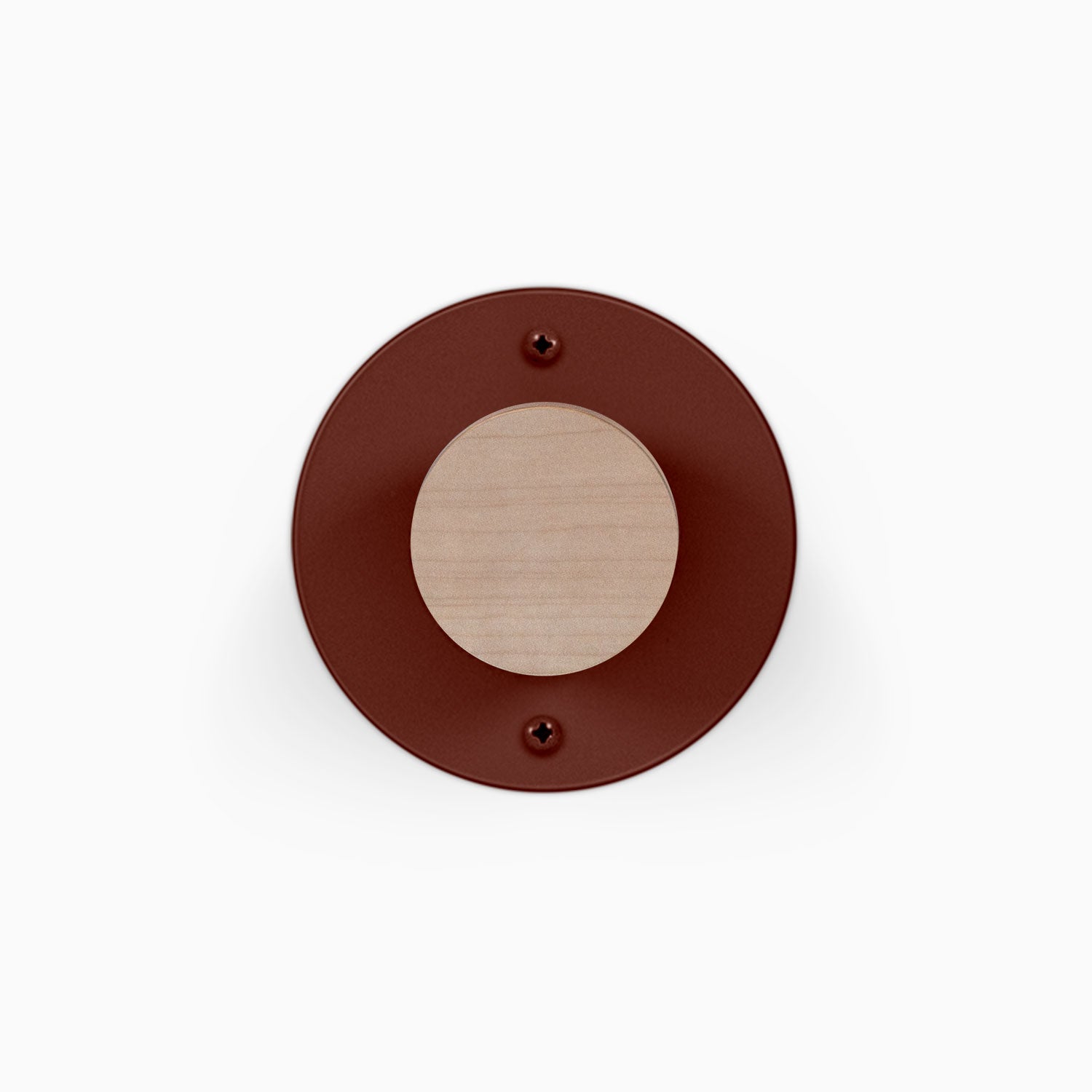 Runda Coat Rack 1 round wall hook with a wood peg and dark red circular metal mounting plate