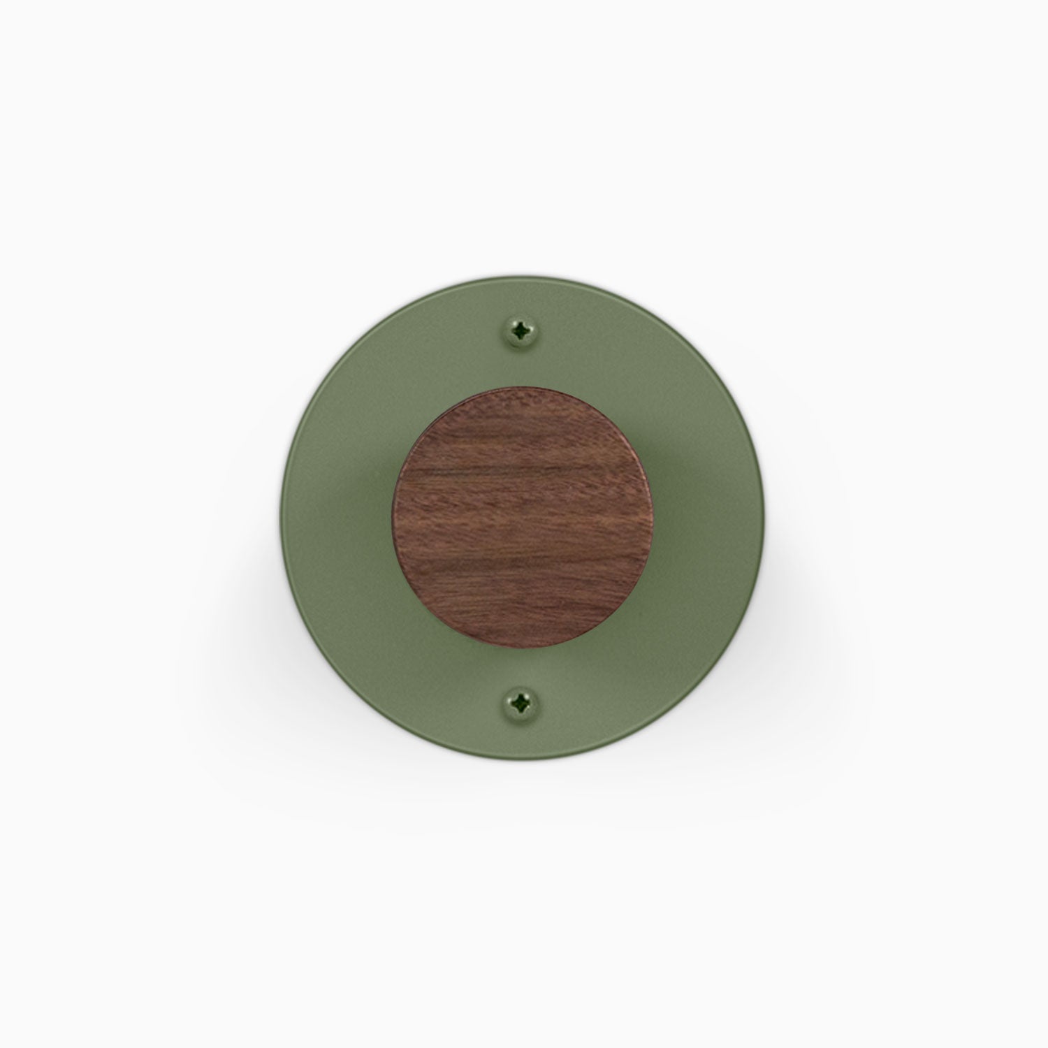 Runda Coat Rack 1 round green wall hook with a walnut wood center for minimalist entryway organization