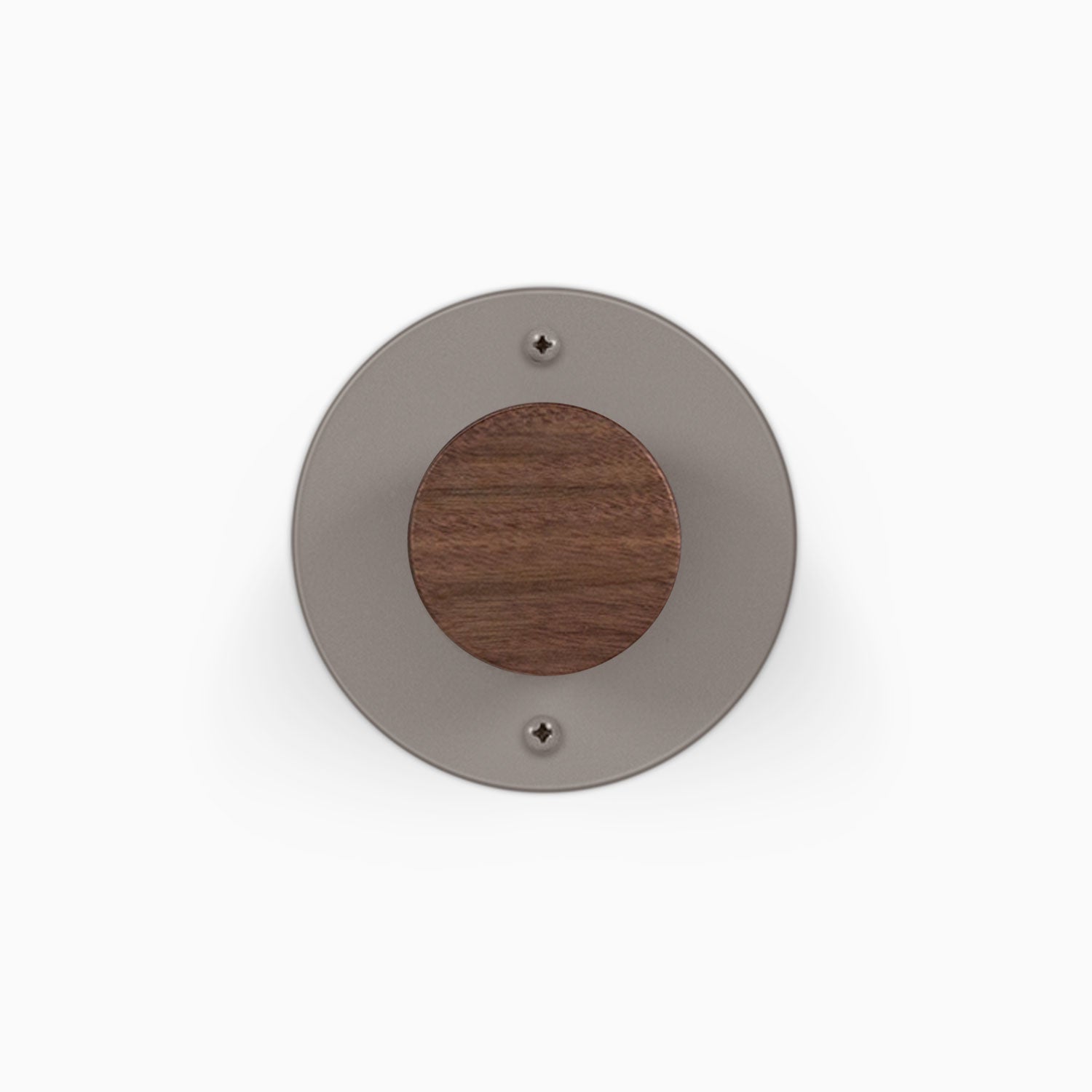Runda Coat Rack 1 round gray metal wall hook with a wood center and visible mounting screws