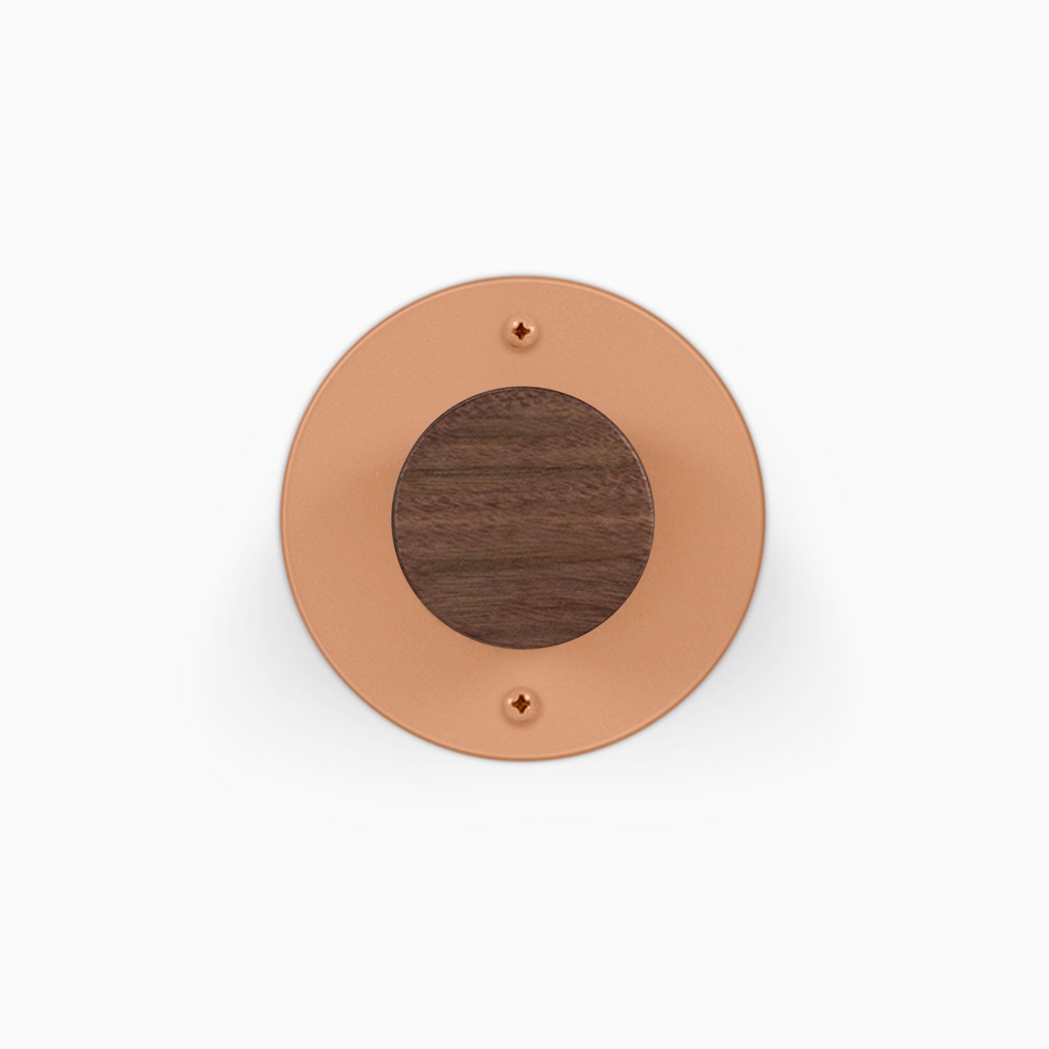 Runda Coat Rack 1 round copper tone wall hook with a dark wood center and two visible mounting screws