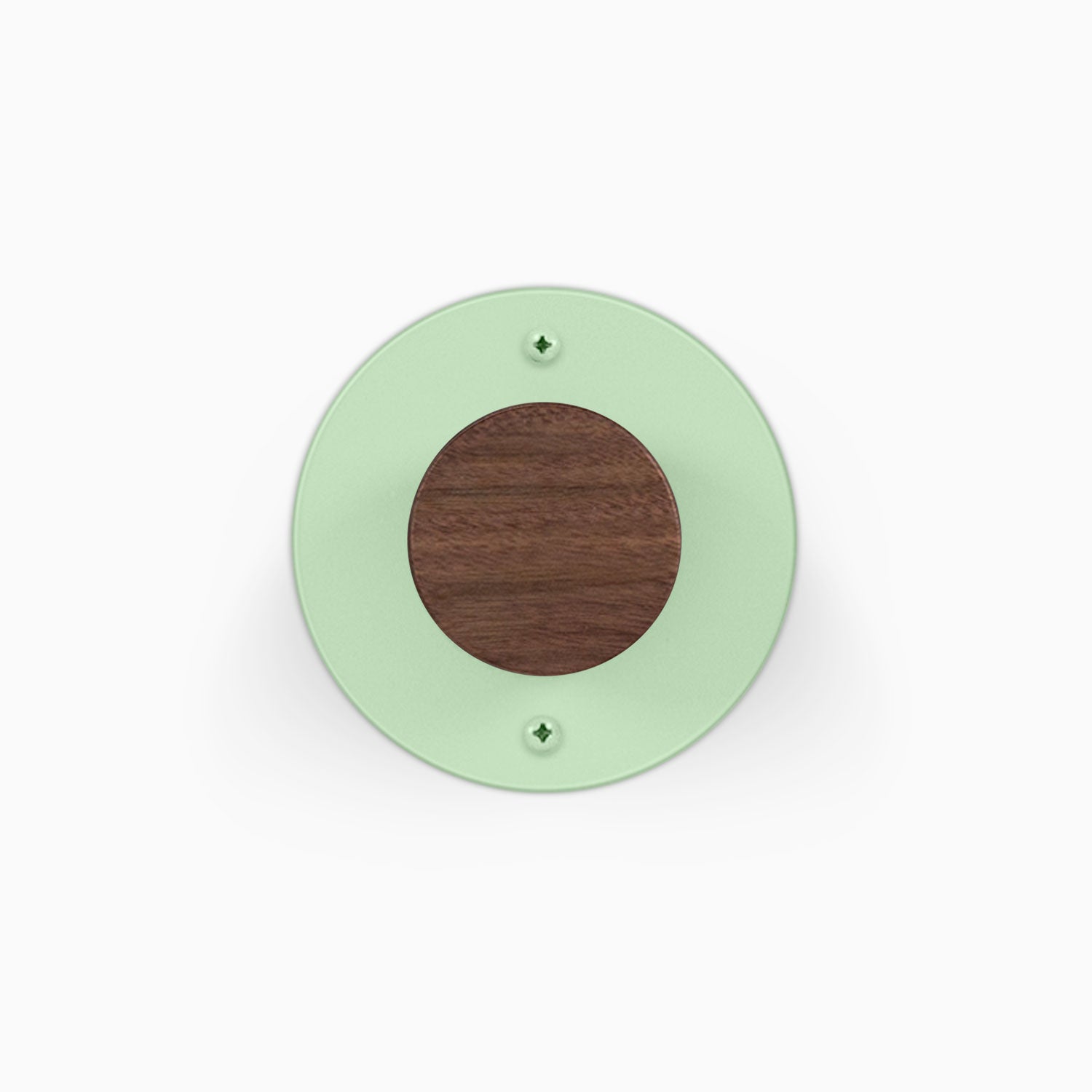 Runda Coat Rack 1 round green wall mounted coat rack with dark wood center and two visible mounting screws