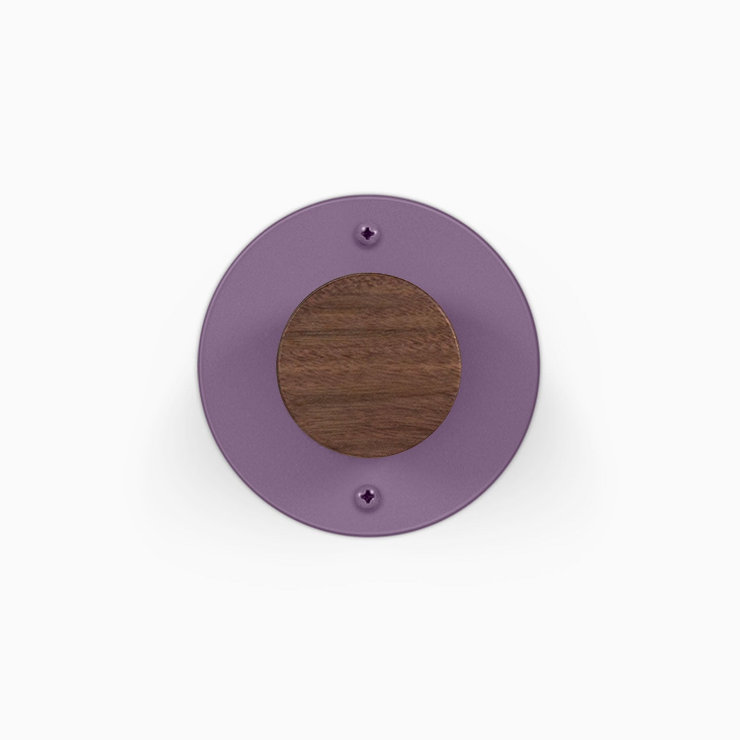Runda Coat Rack 1 round purple wall mounted coat rack with central wood accent and two mounting screws
