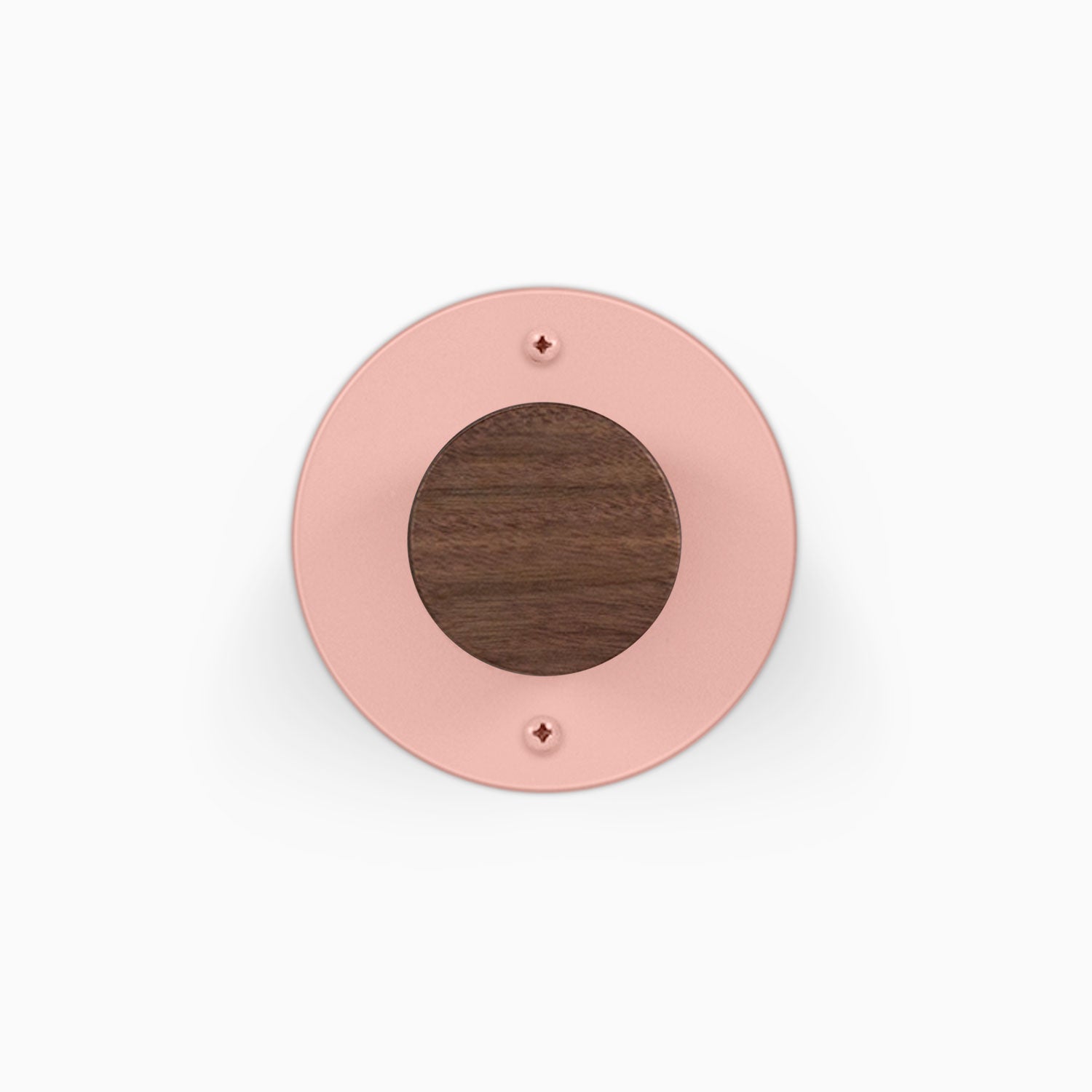 Runda Coat Rack 1 round pink wall hook with a walnut wood center and visible mounting screws