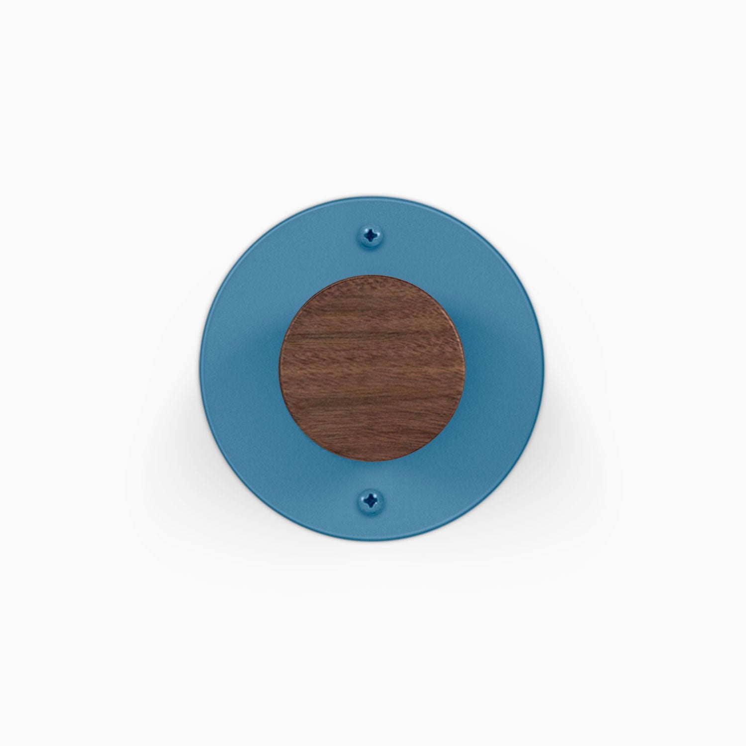 Runda Coat Rack 1 blue circular wall hook with a walnut wood center and two visible mounting screws