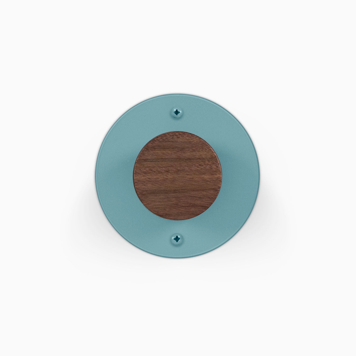 Runda Coat Rack 1 round teal wall mounted coat rack with a wood center and two visible mounting screws